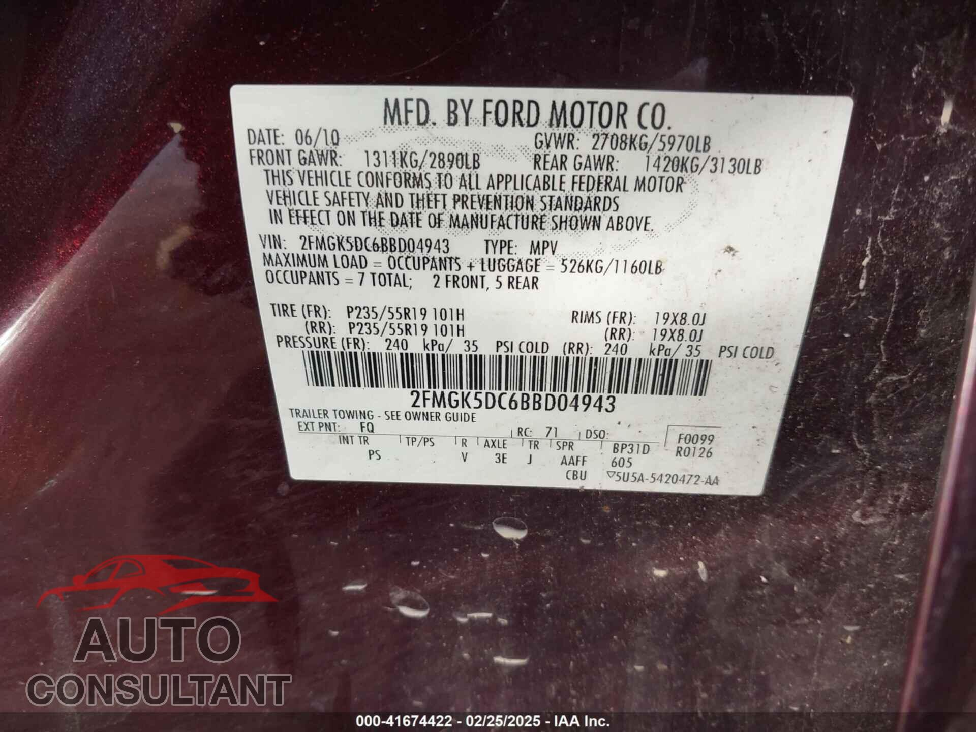 FORD FLEX 2011 - 2FMGK5DC6BBD04943