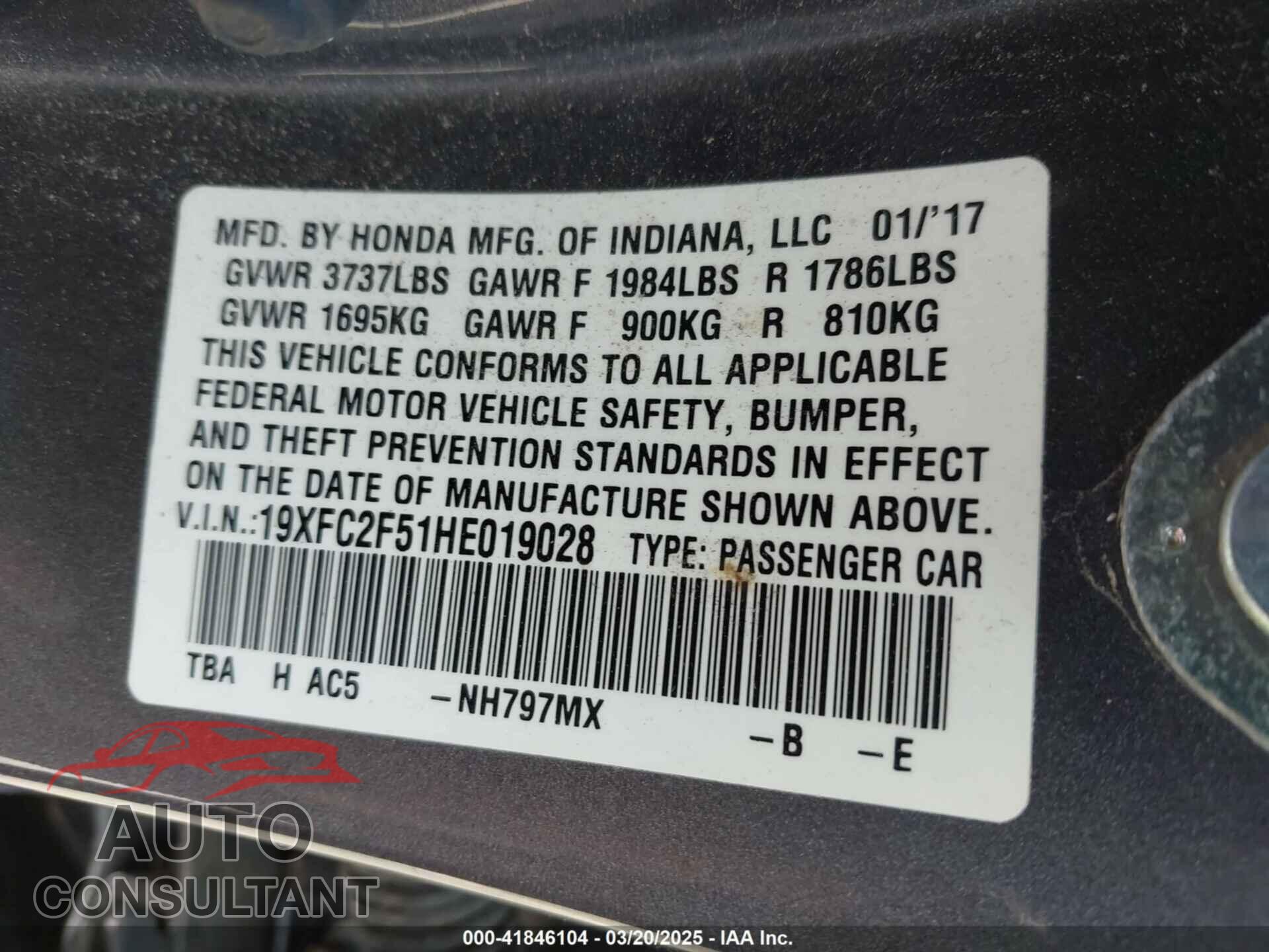 HONDA CIVIC 2017 - 19XFC2F51HE019028