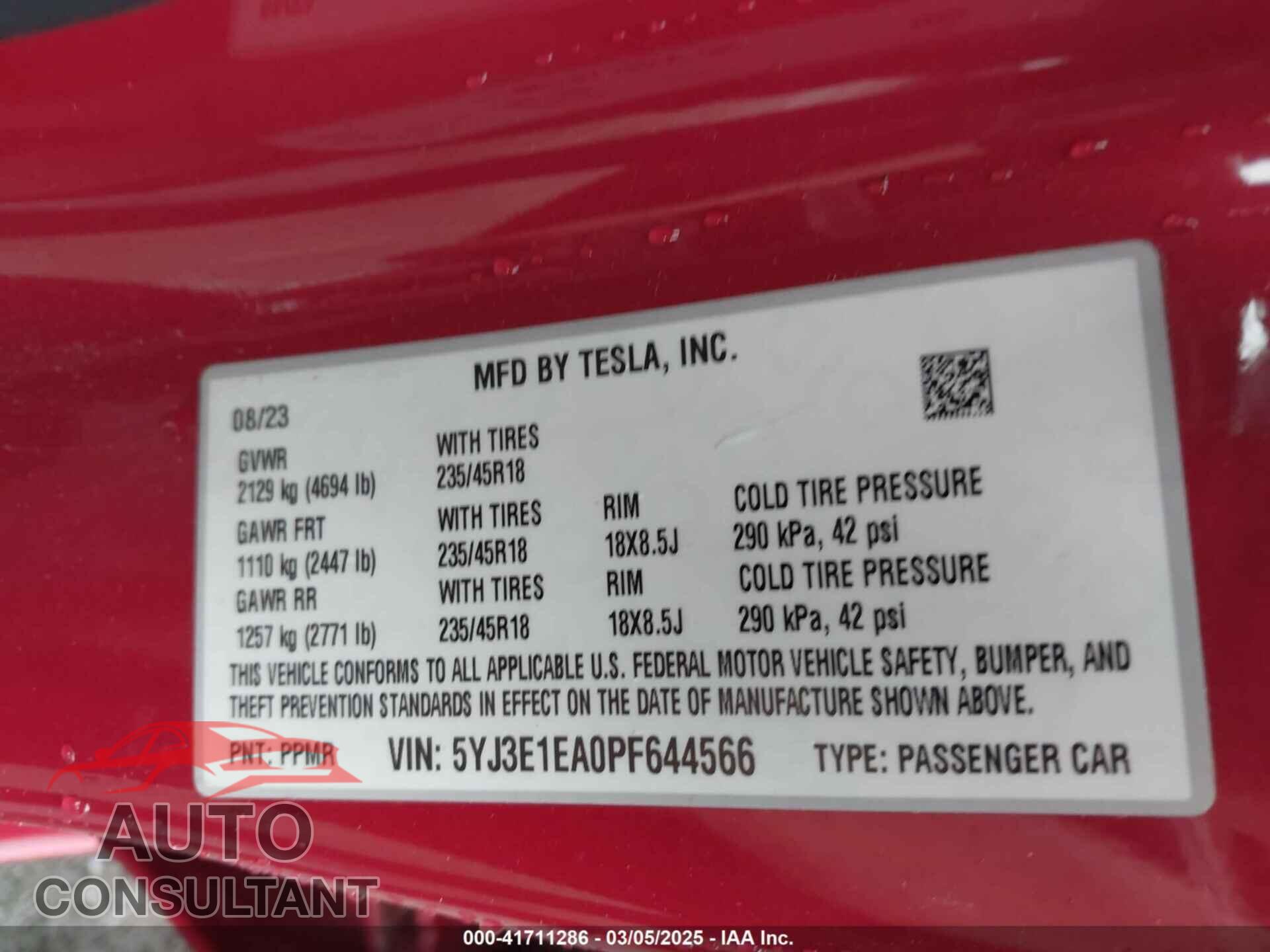 TESLA MODEL 3 2023 - 5YJ3E1EA0PF644566