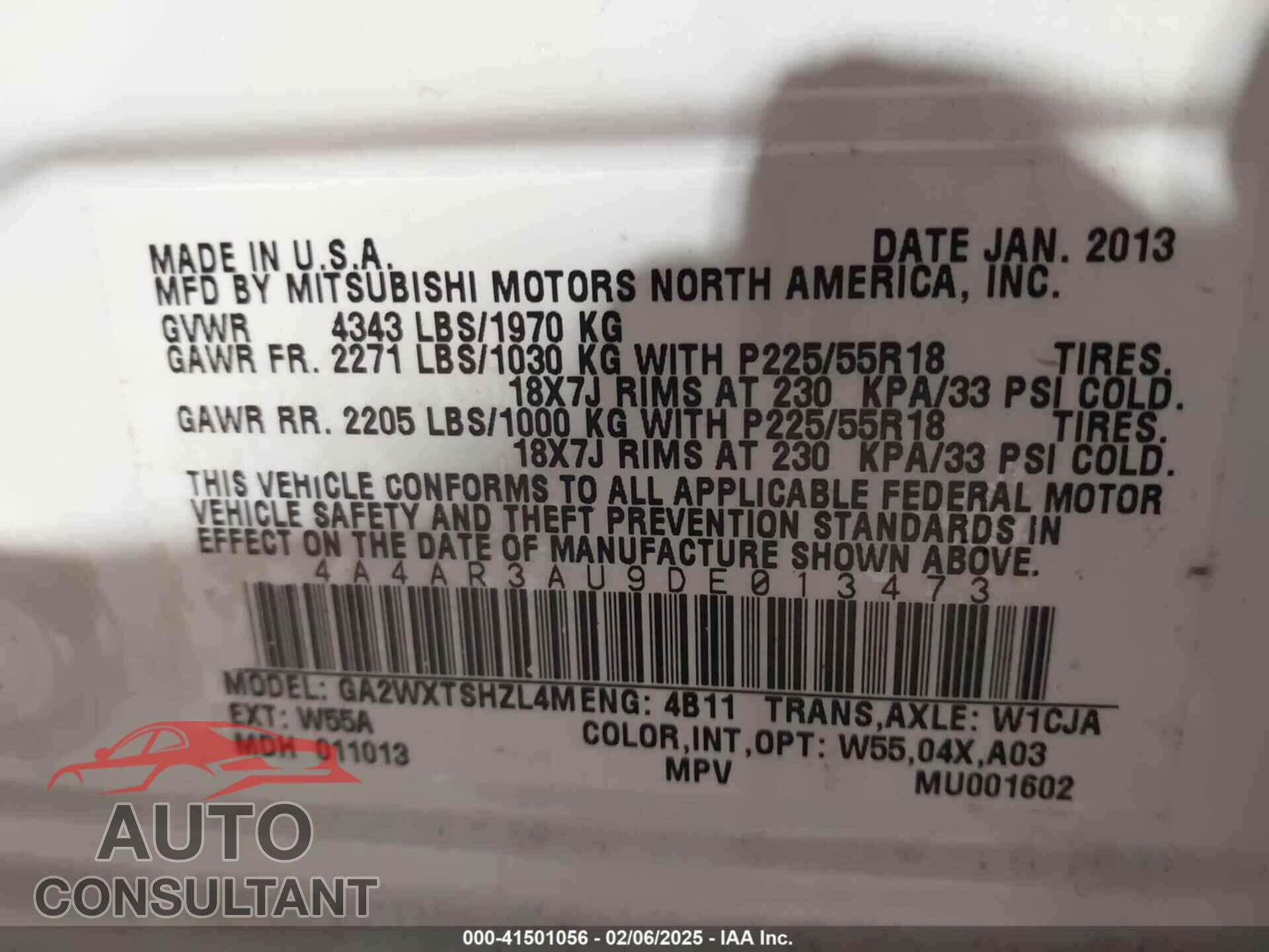 MITSUBISHI OUTLANDER SPORT 2013 - 4A4AR3AU9DE013473