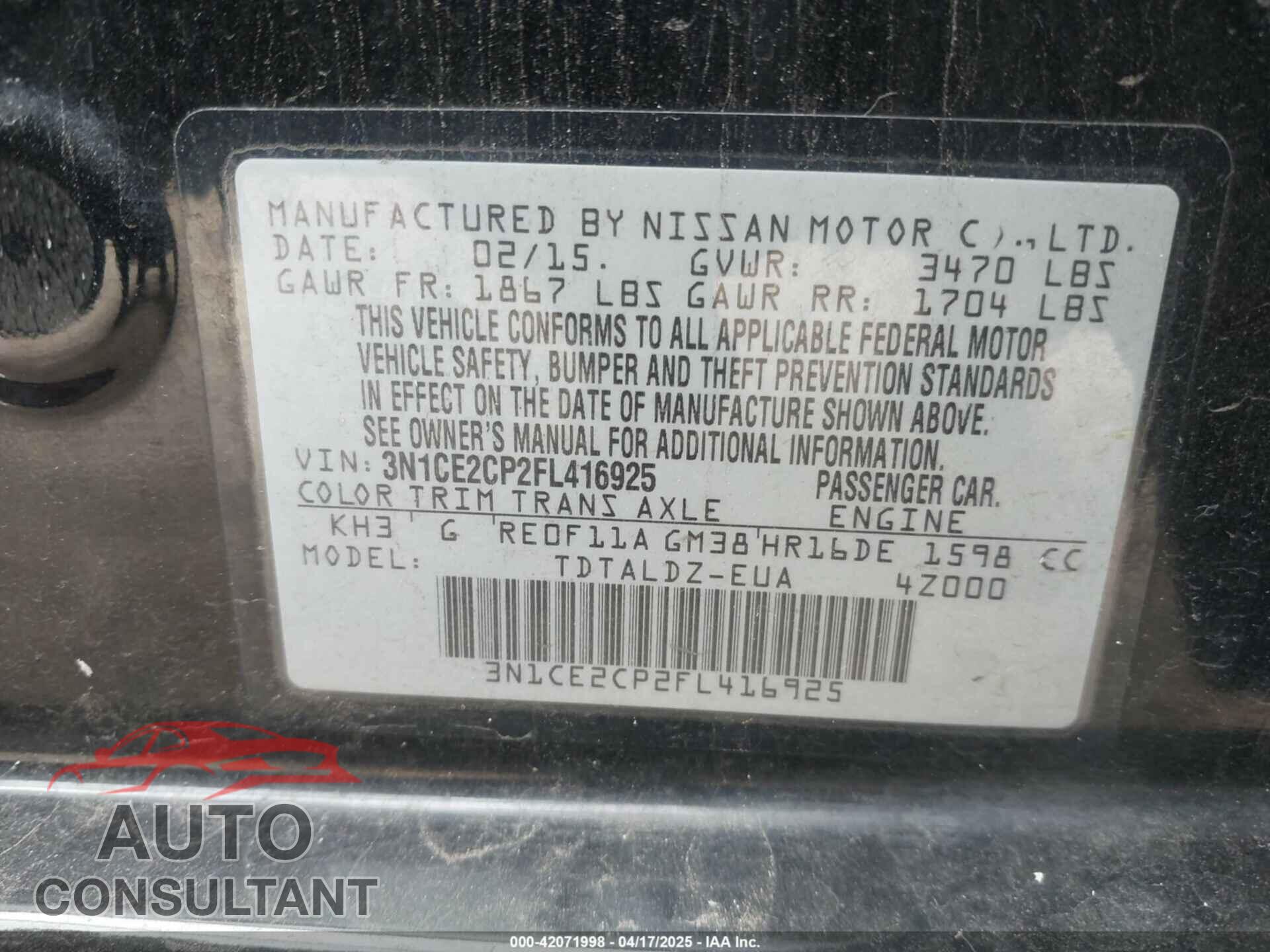 NISSAN VERSA NOTE 2015 - 3N1CE2CP2FL416925