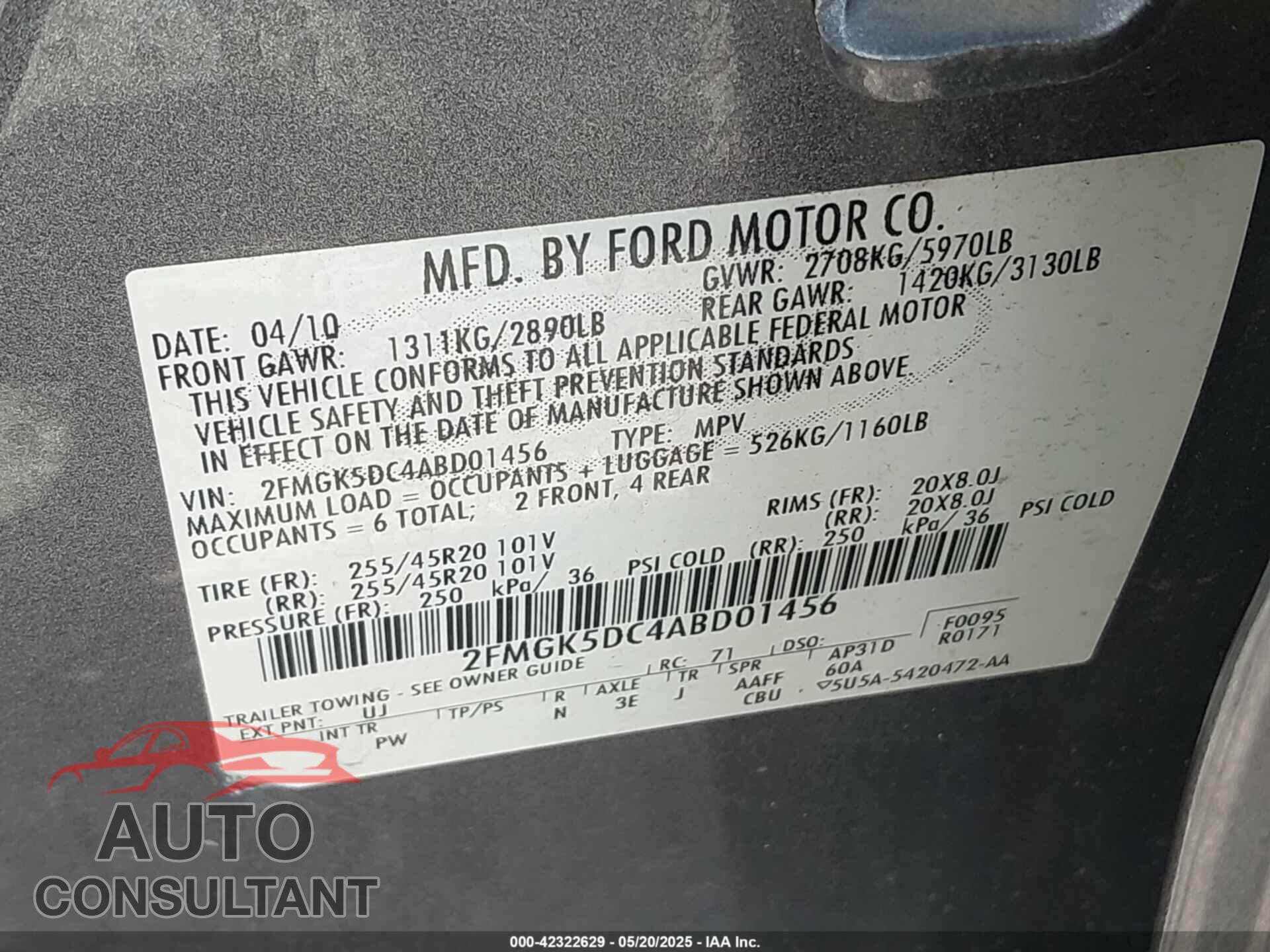 FORD FLEX 2010 - 2FMGK5DC4ABD01456