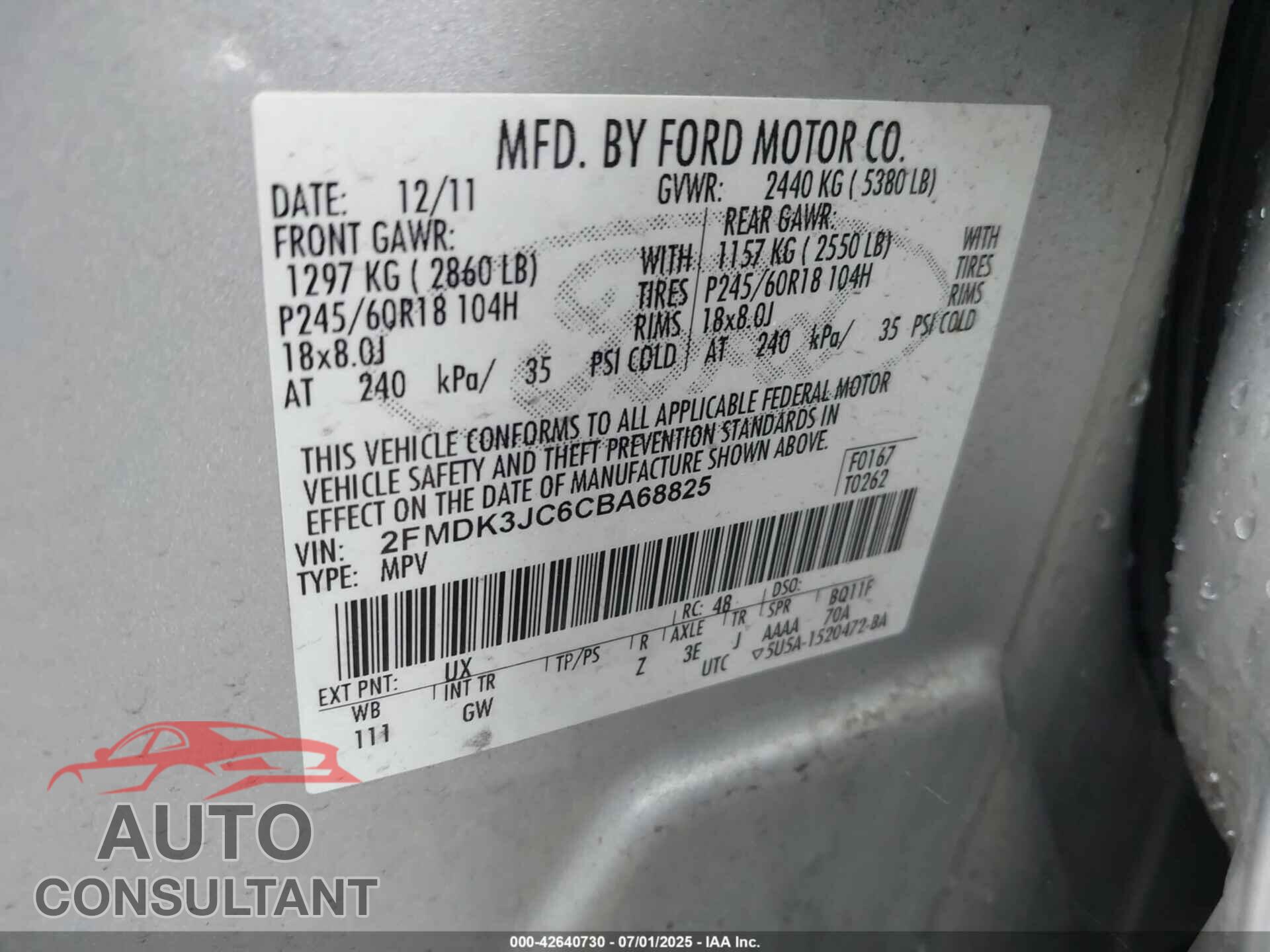 FORD EDGE 2012 - 2FMDK3JC6CBA68825
