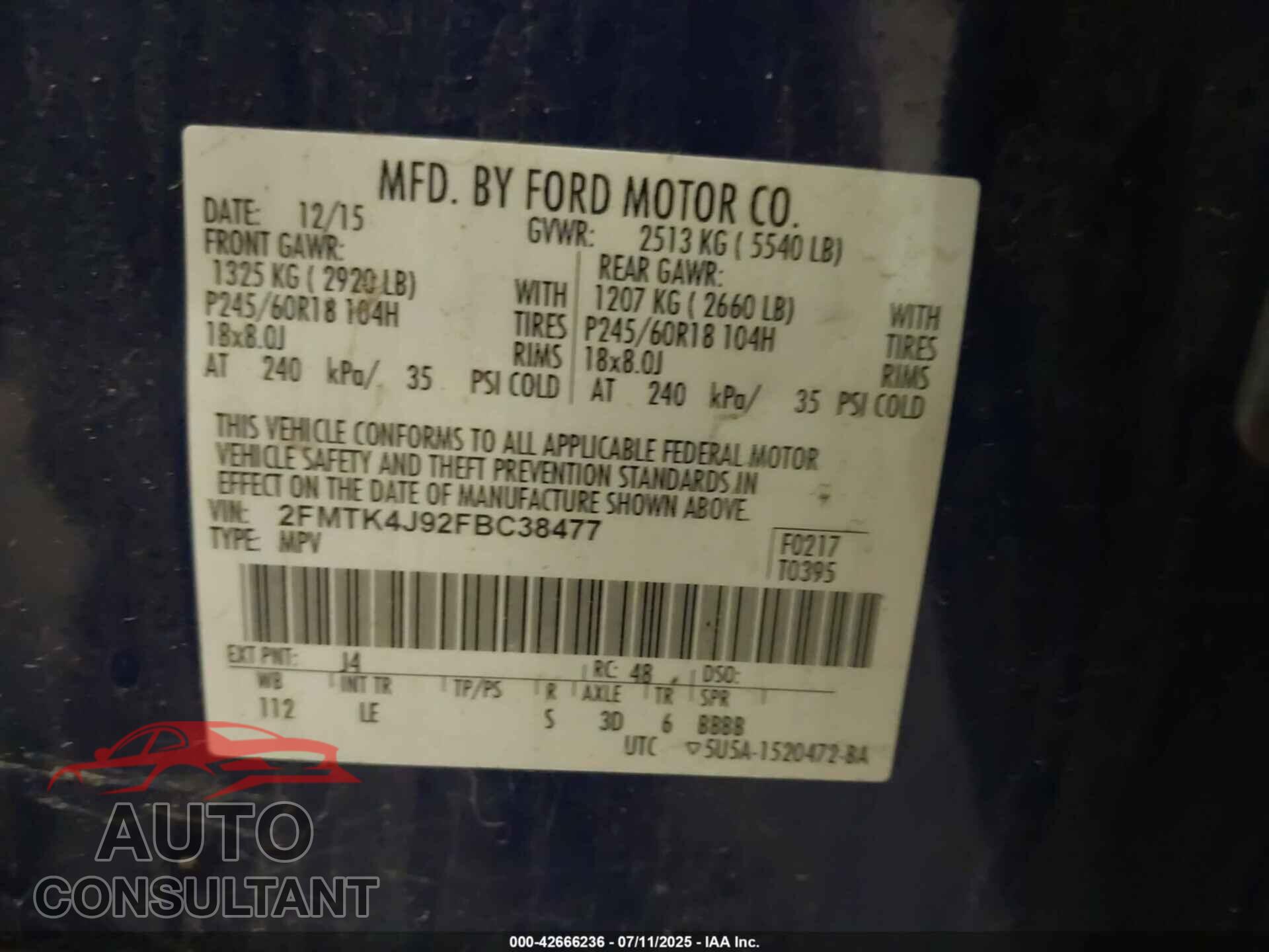 FORD EDGE 2015 - 2FMTK4J92FBC38477