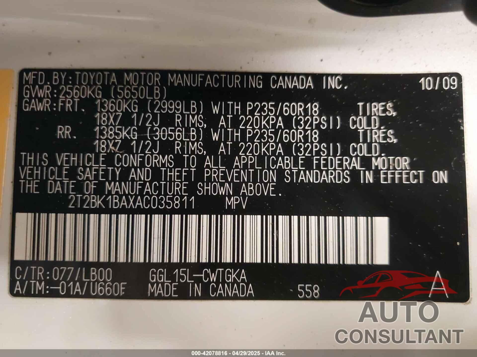LEXUS RX 350 2010 - 2T2BK1BAXAC035811