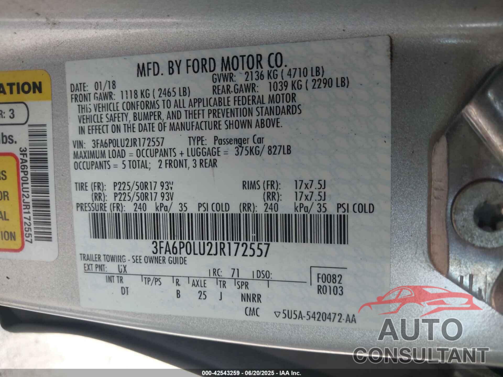 FORD FUSION HYBRID 2018 - 3FA6P0LU2JR172557