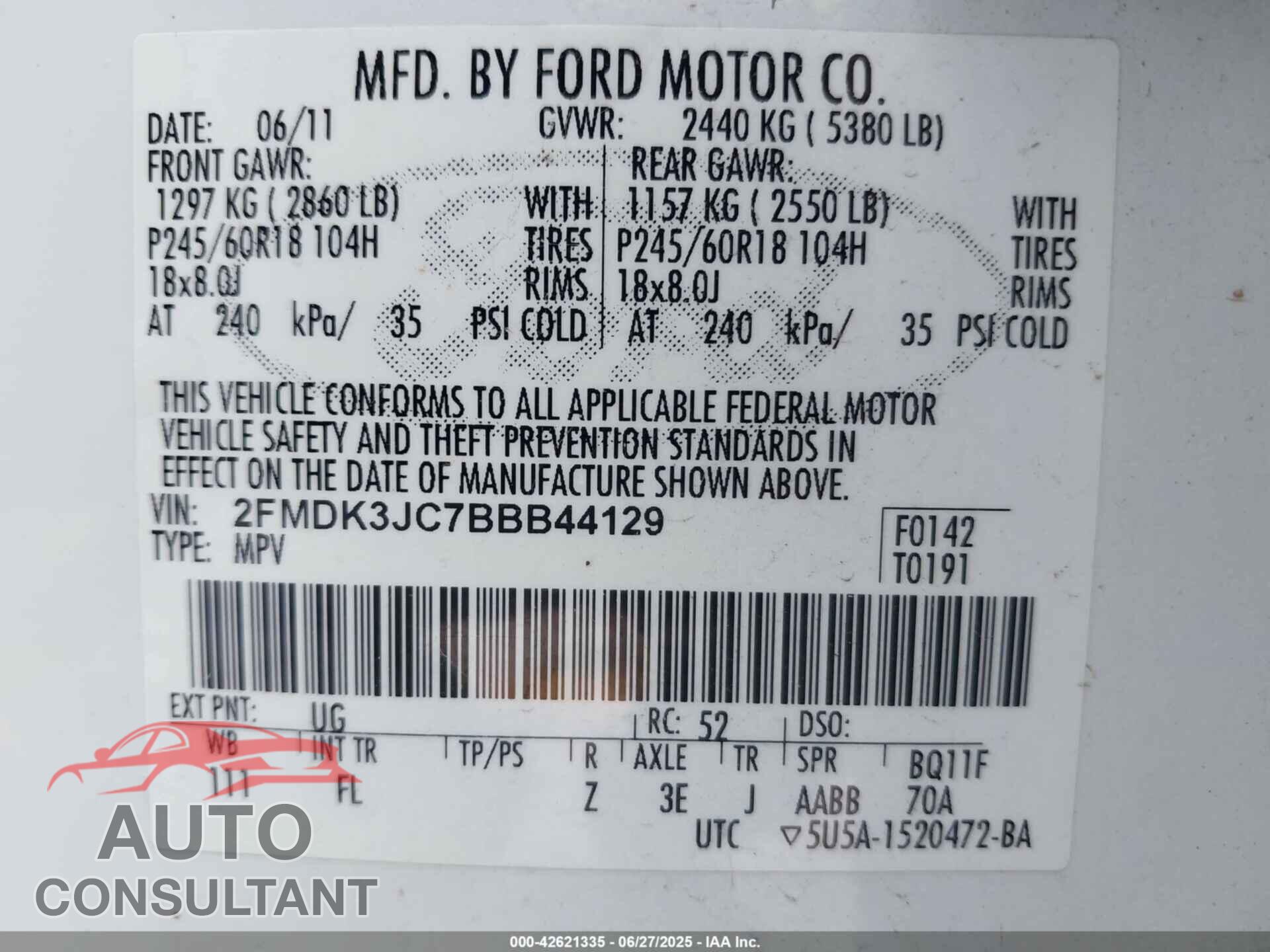 FORD EDGE 2011 - 2FMDK3JC7BBB44129