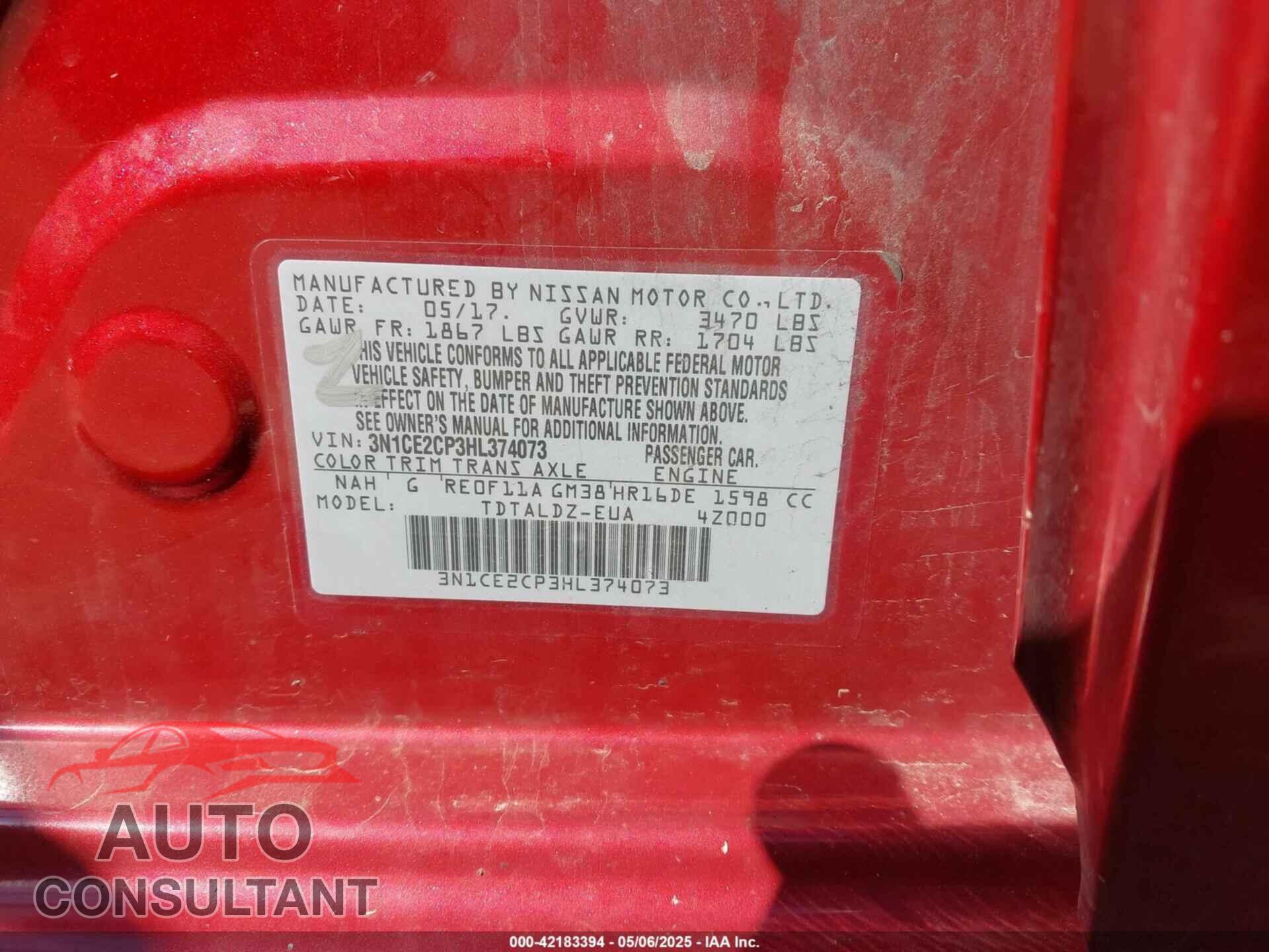 NISSAN VERSA NOTE 2017 - 3N1CE2CP3HL374073