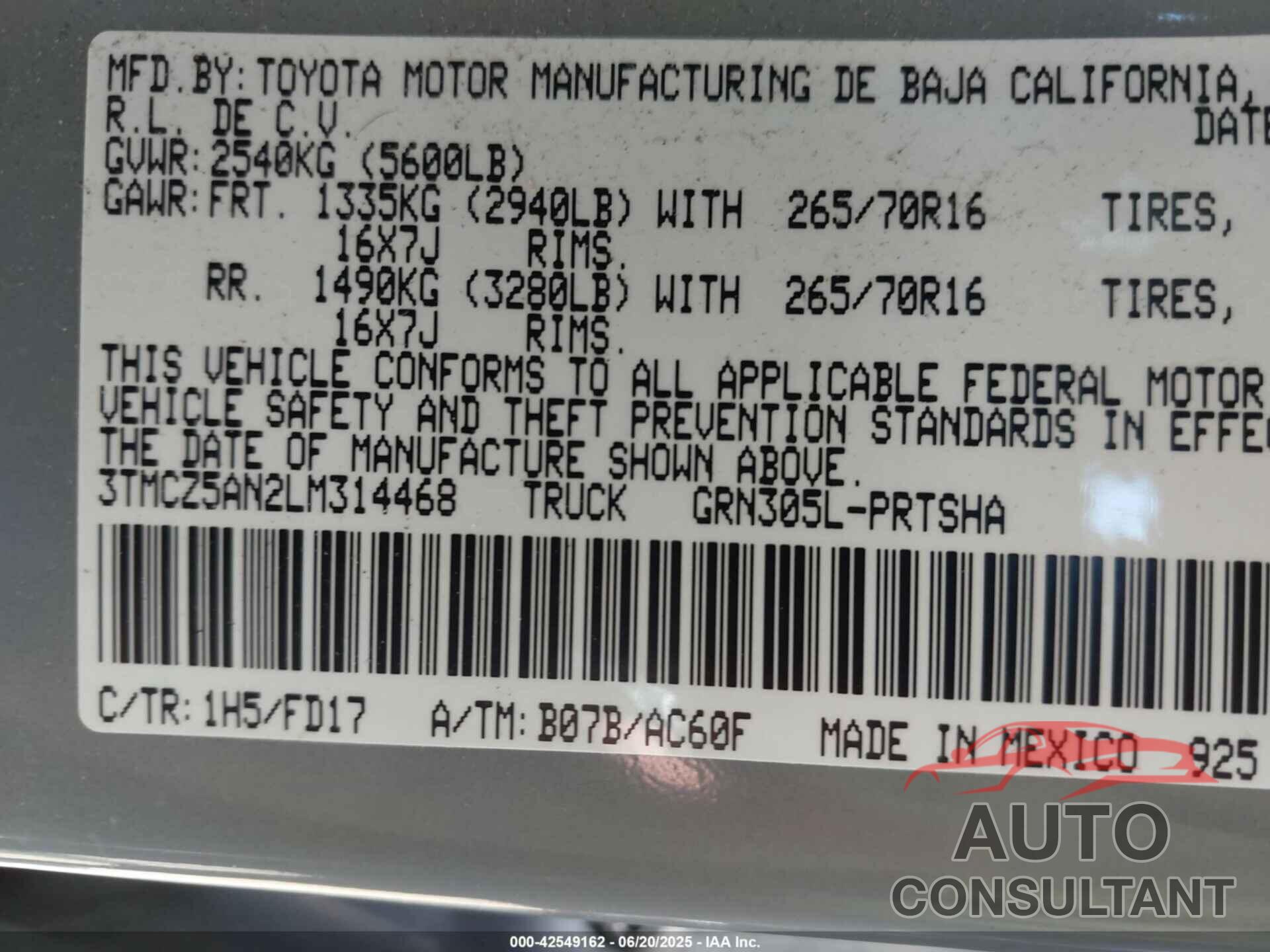 TOYOTA TACOMA 2020 - 3TMCZ5AN2LM314468