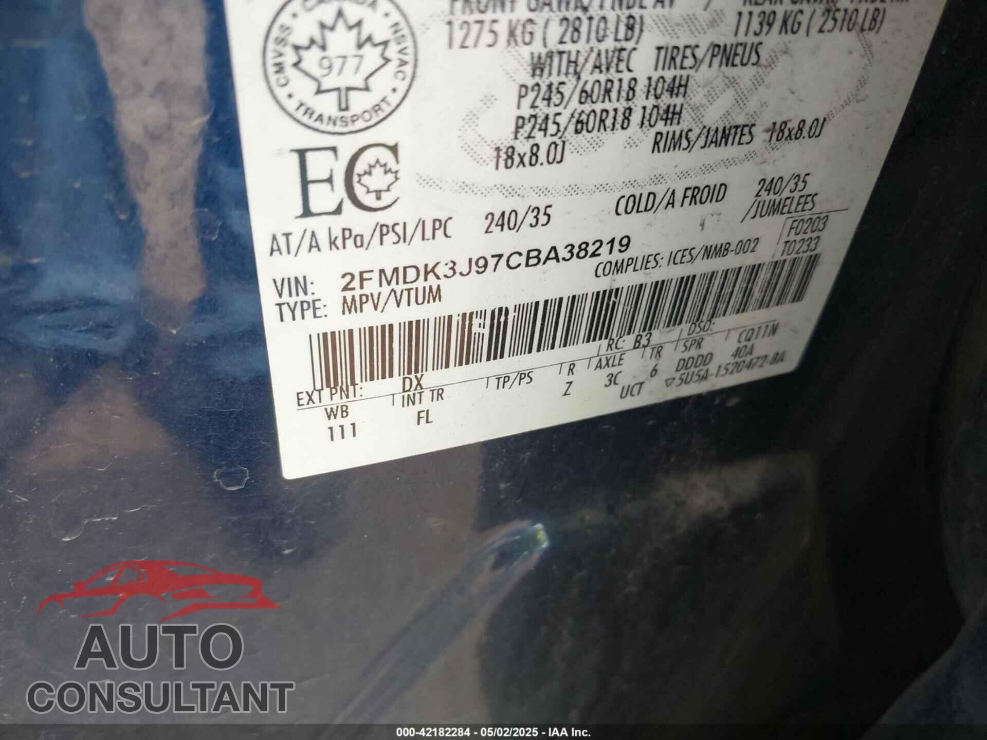 FORD EDGE 2012 - 2FMDK3J97CBA38219