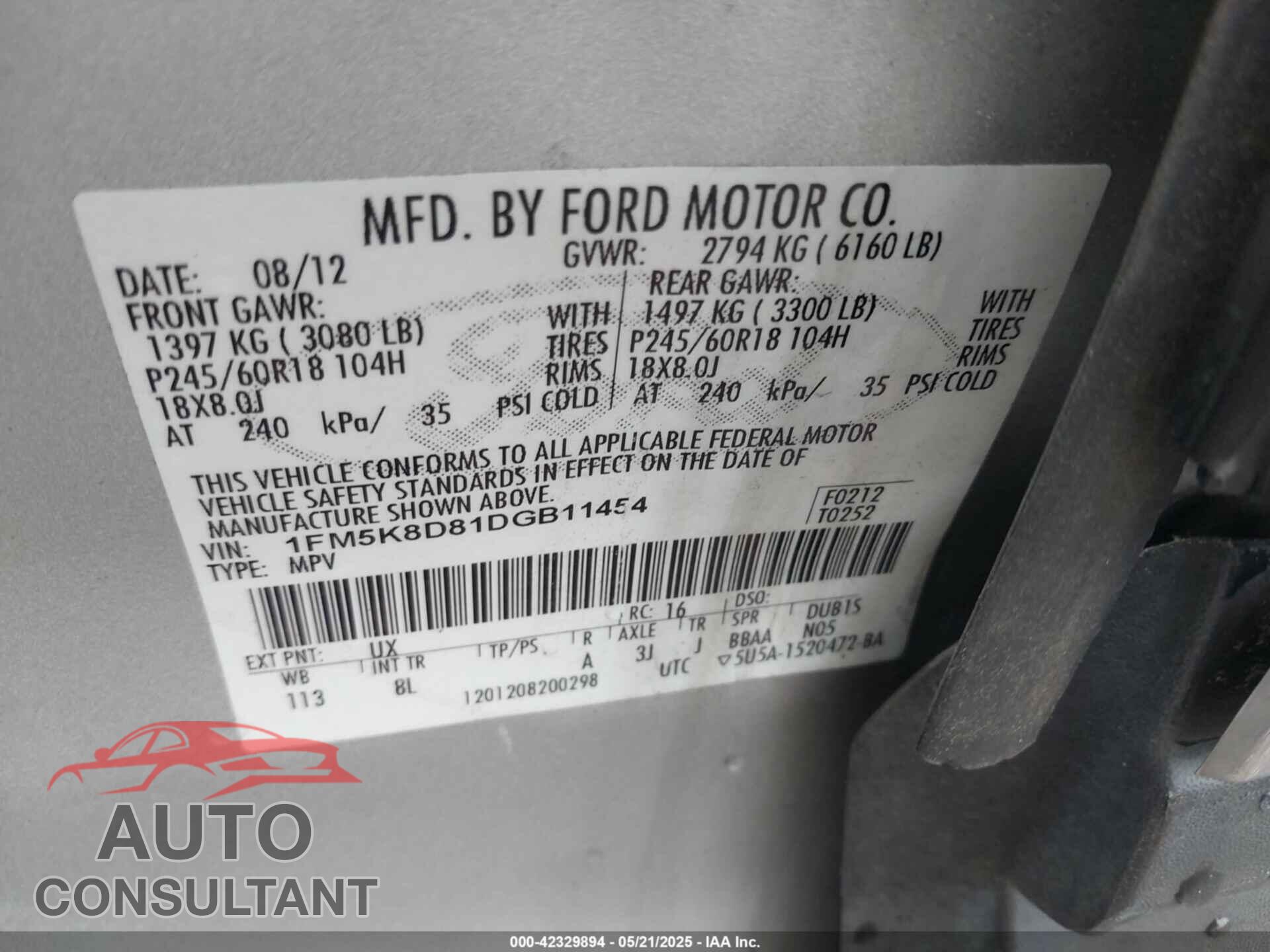 FORD EXPLORER 2013 - 1FM5K8D81DGB11454