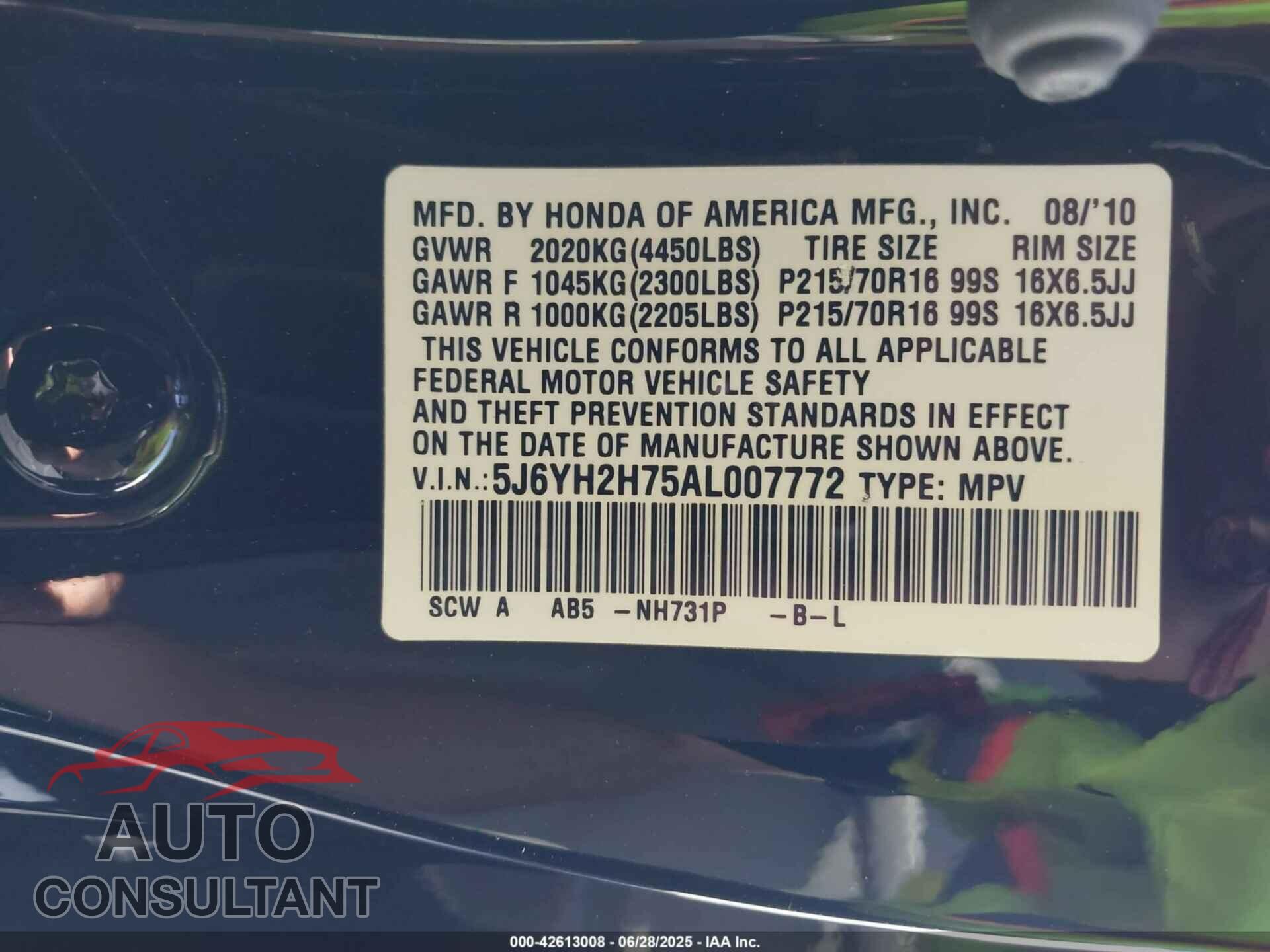 HONDA ELEMENT 2010 - 5J6YH2H75AL007772