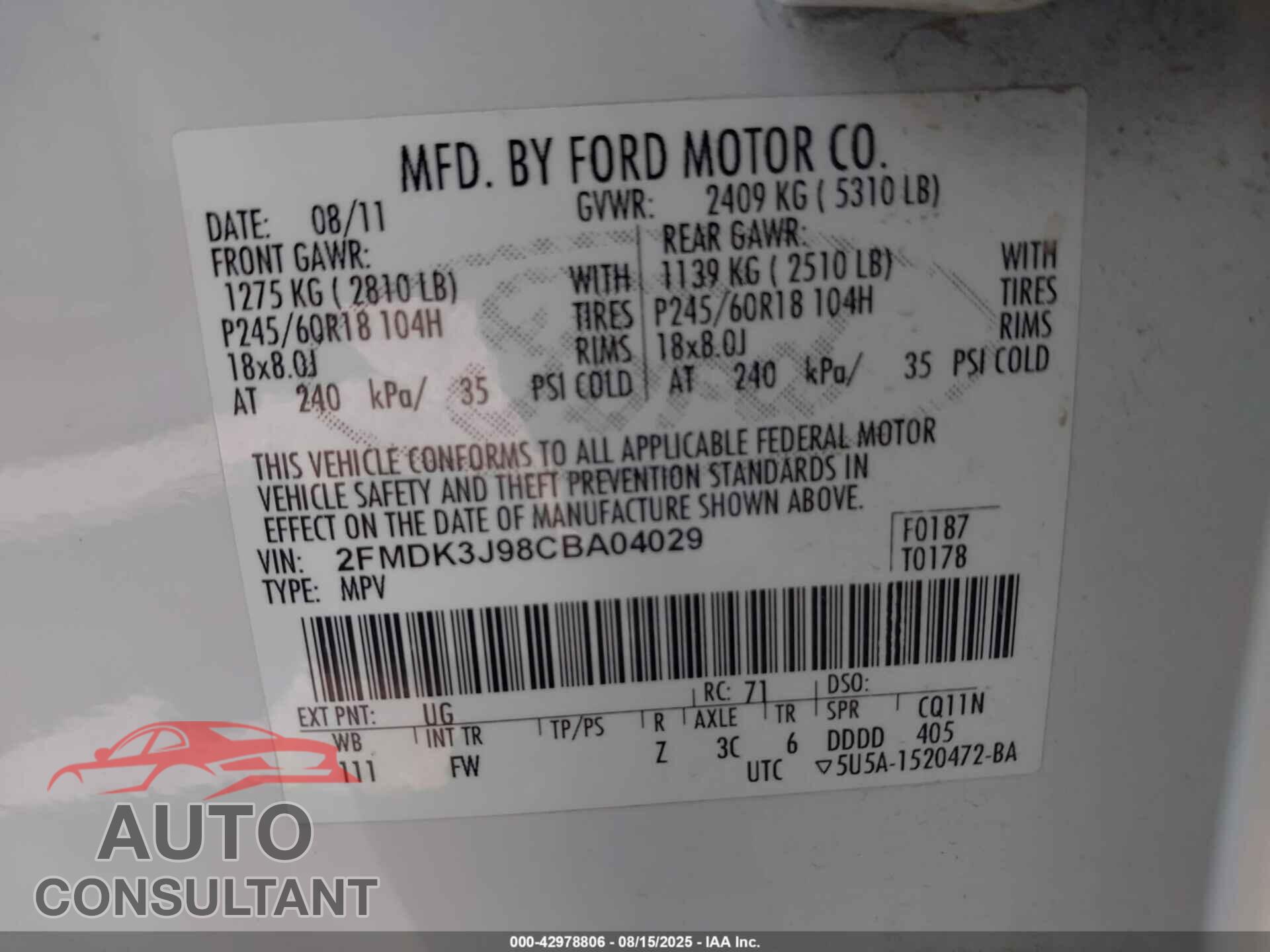 FORD EDGE 2012 - 2FMDK3J98CBA04029
