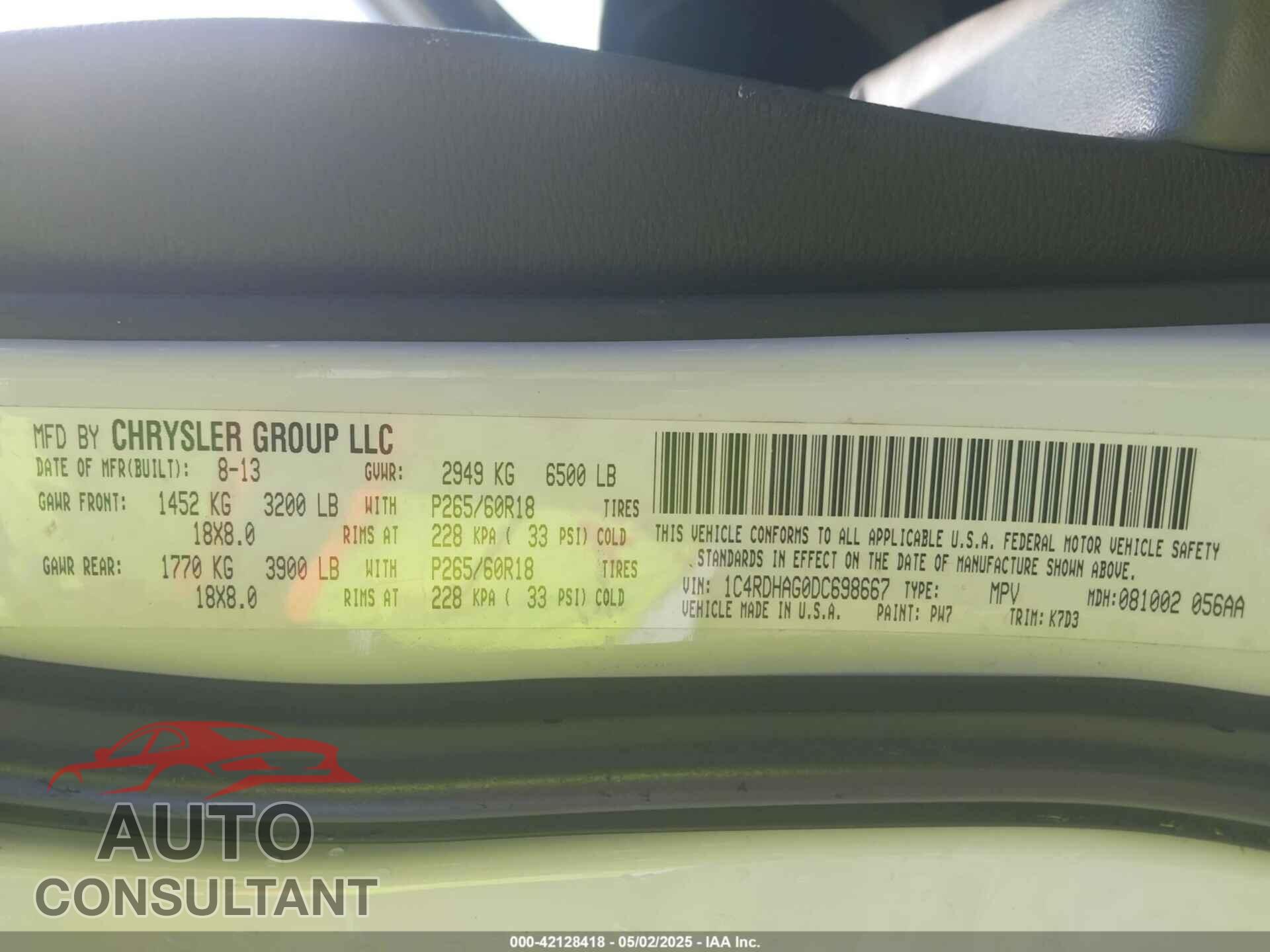 DODGE DURANGO 2013 - 1C4RDHAG0DC698667