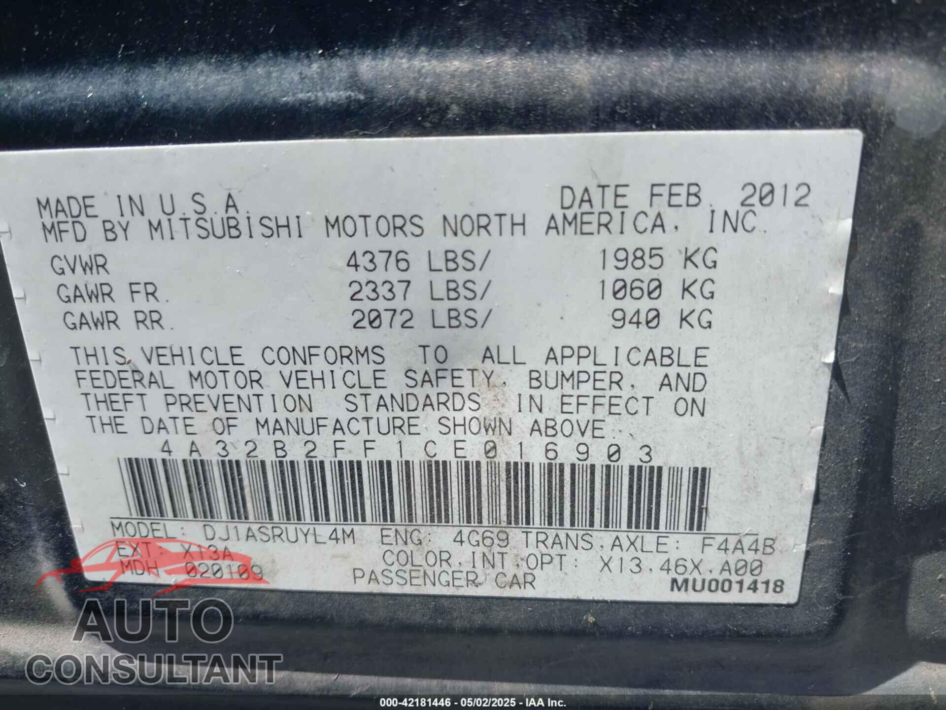 MITSUBISHI GALANT 2012 - 4A32B2FF1CE016903