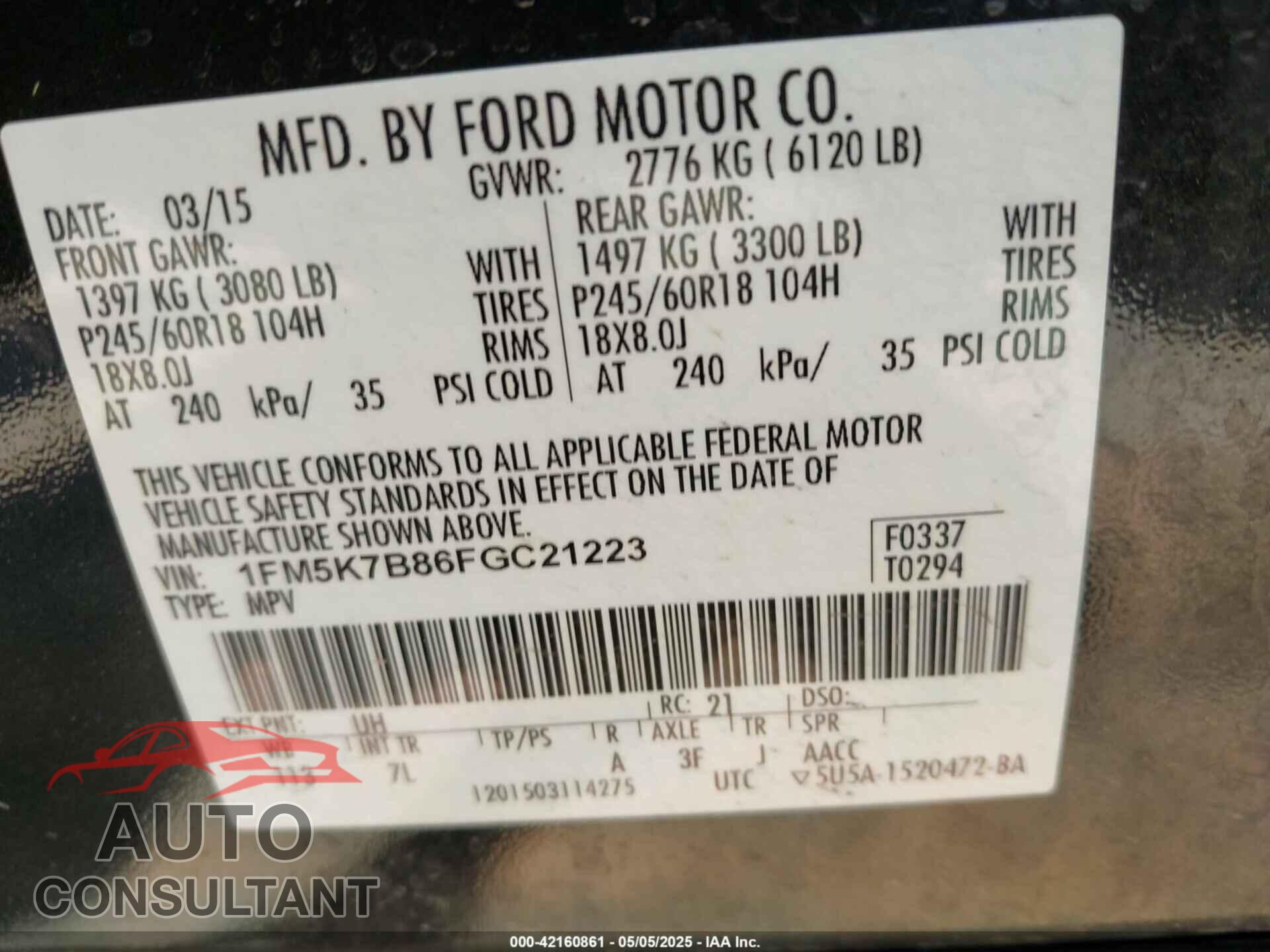 FORD EXPLORER 2015 - 1FM5K7B86FGC21223