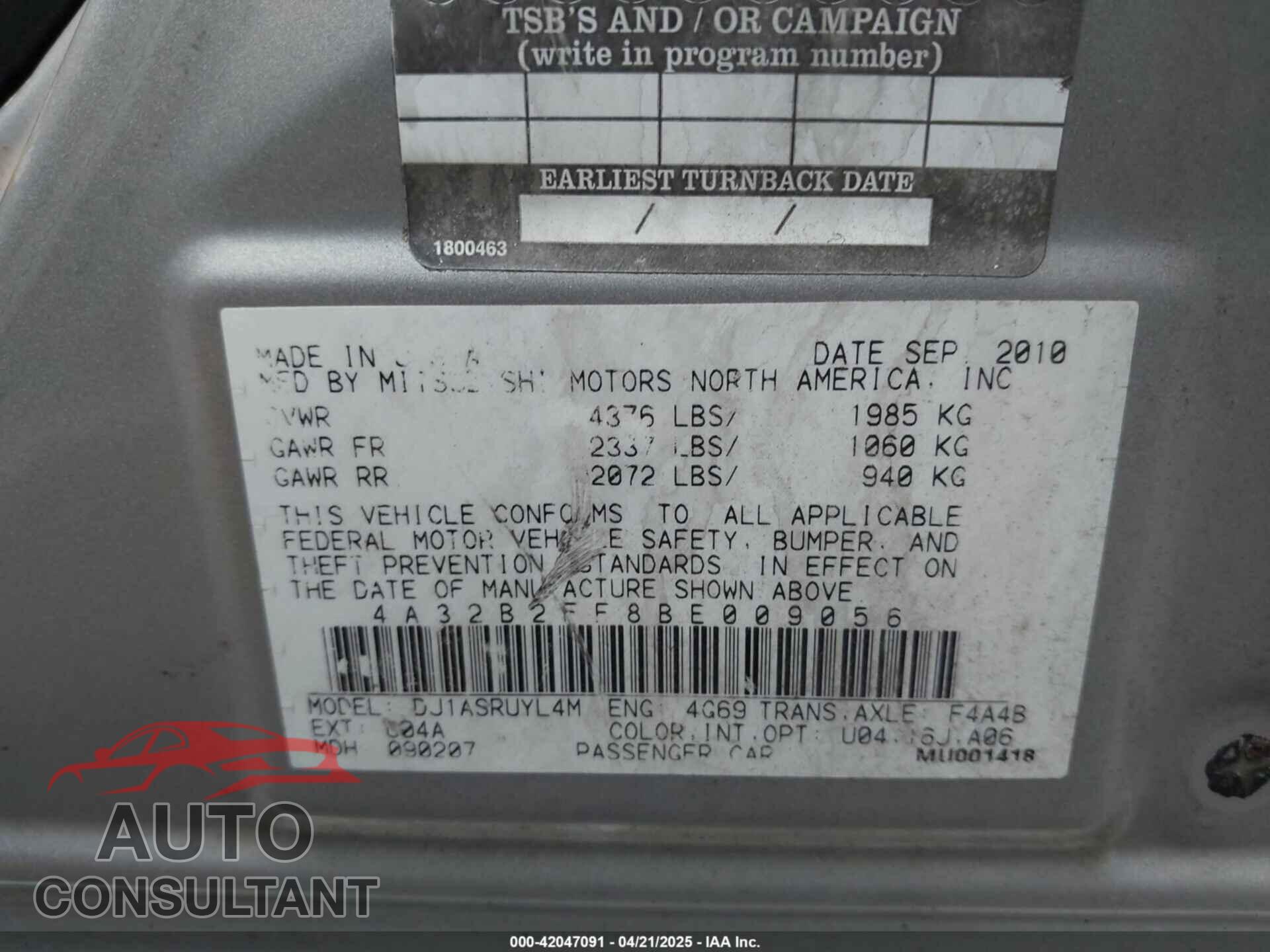 MITSUBISHI GALANT 2011 - 4A32B2FF8BE009056