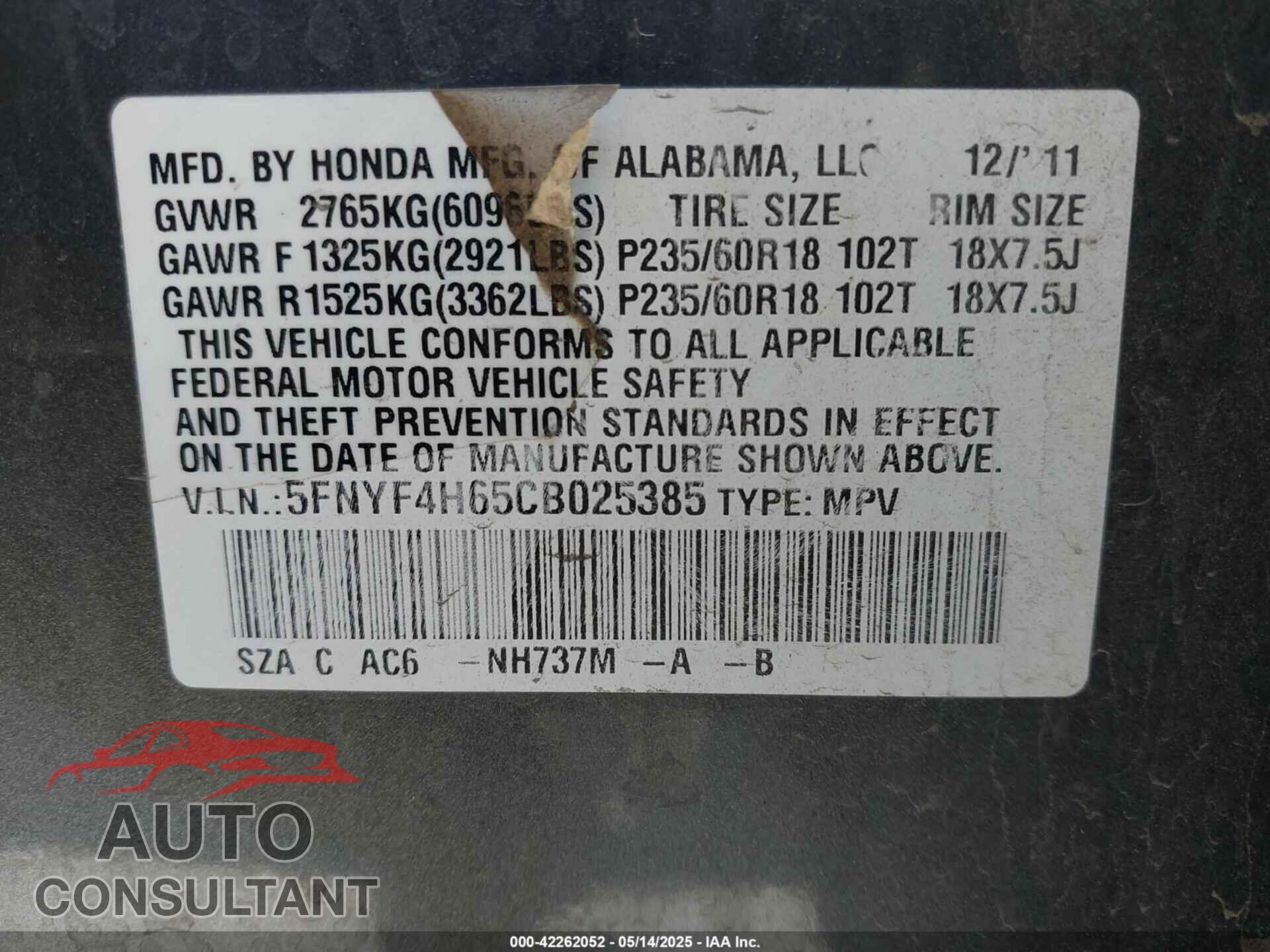 HONDA PILOT 2012 - 5FNYF4H65CB025385