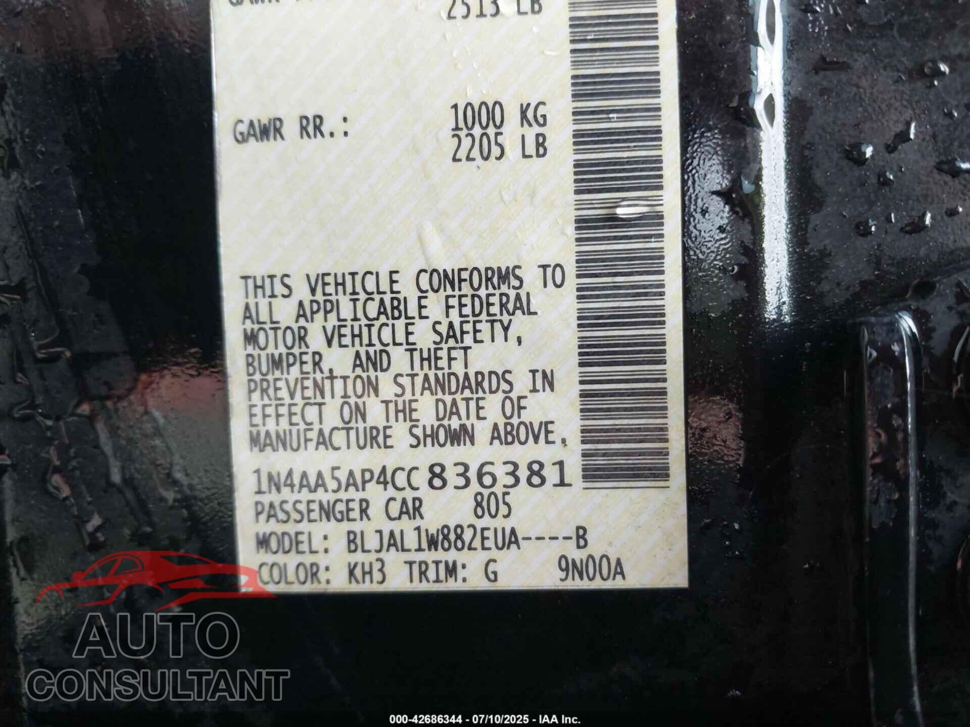 NISSAN MAXIMA 2012 - 1N4AA5AP4CC836381
