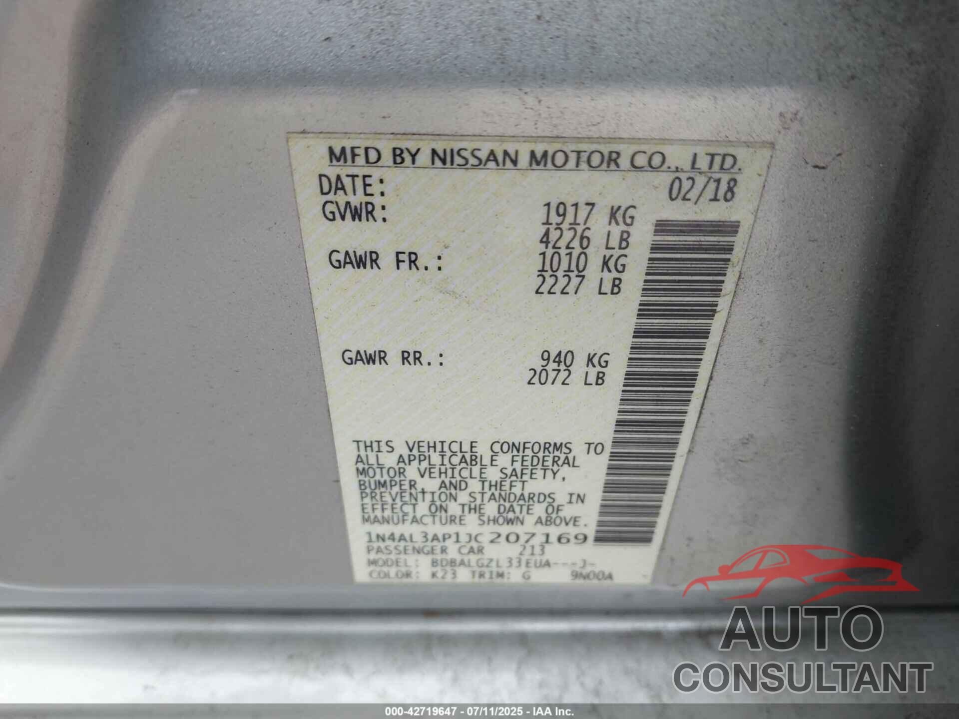 NISSAN ALTIMA 2018 - 1N4AL3AP1JC207169