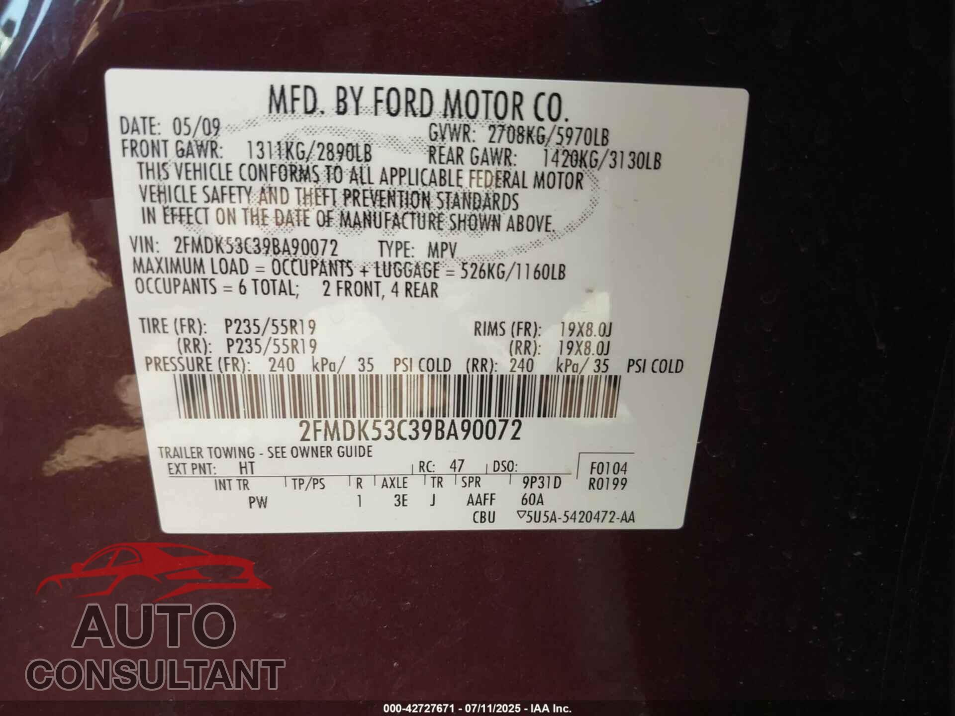FORD FLEX 2009 - 2FMDK53C39BA90072