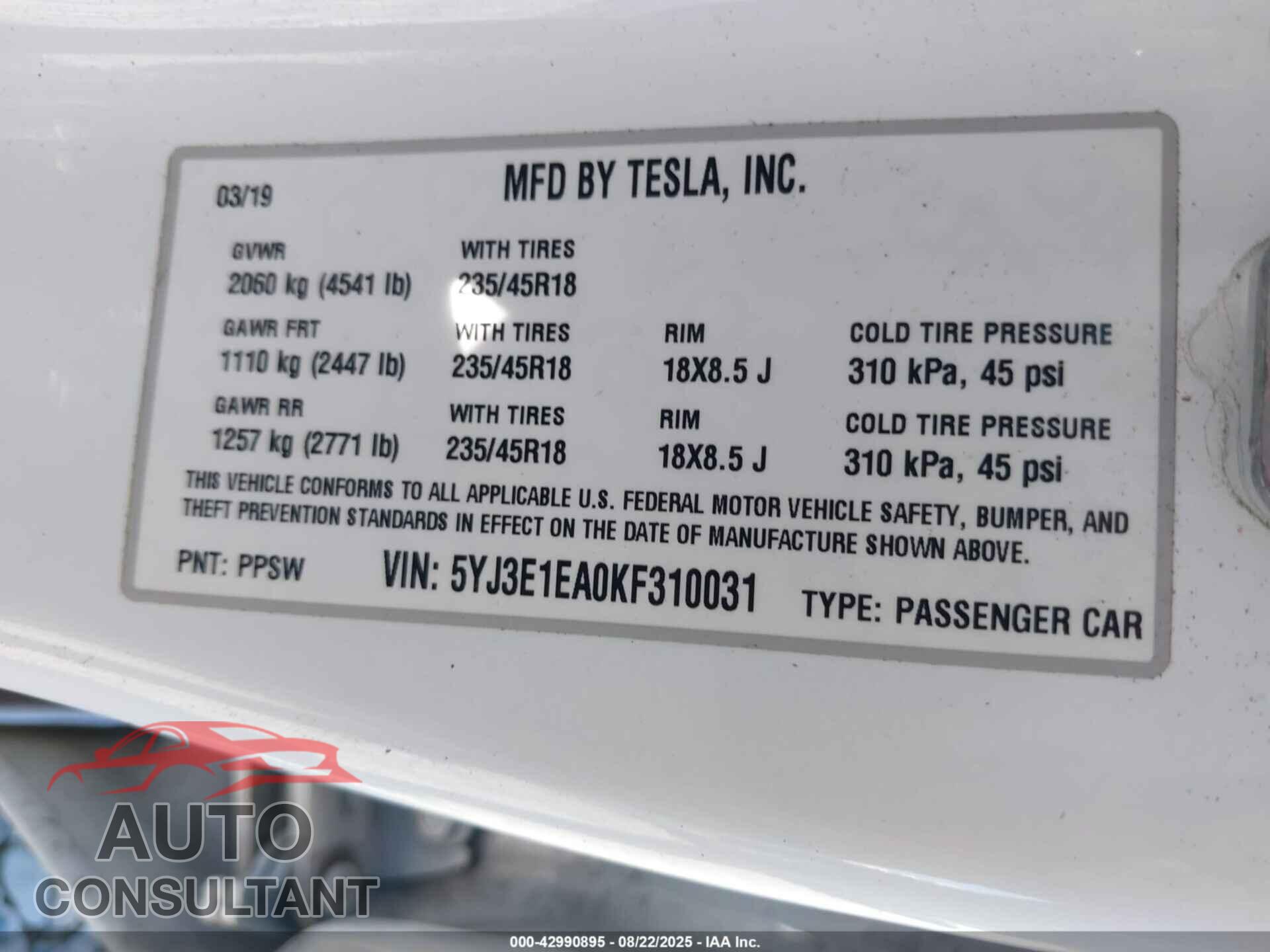 TESLA MODEL 3 2019 - 5YJ3E1EA0KF310031