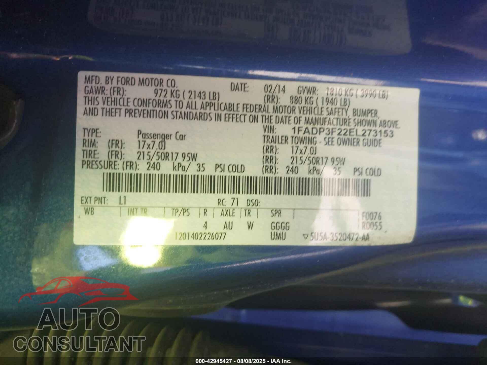 FORD FOCUS 2014 - 1FADP3F22EL273153