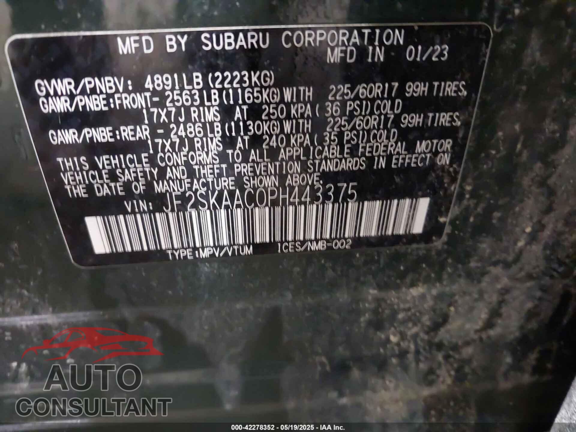 SUBARU FORESTER 2023 - JF2SKAAC0PH443375