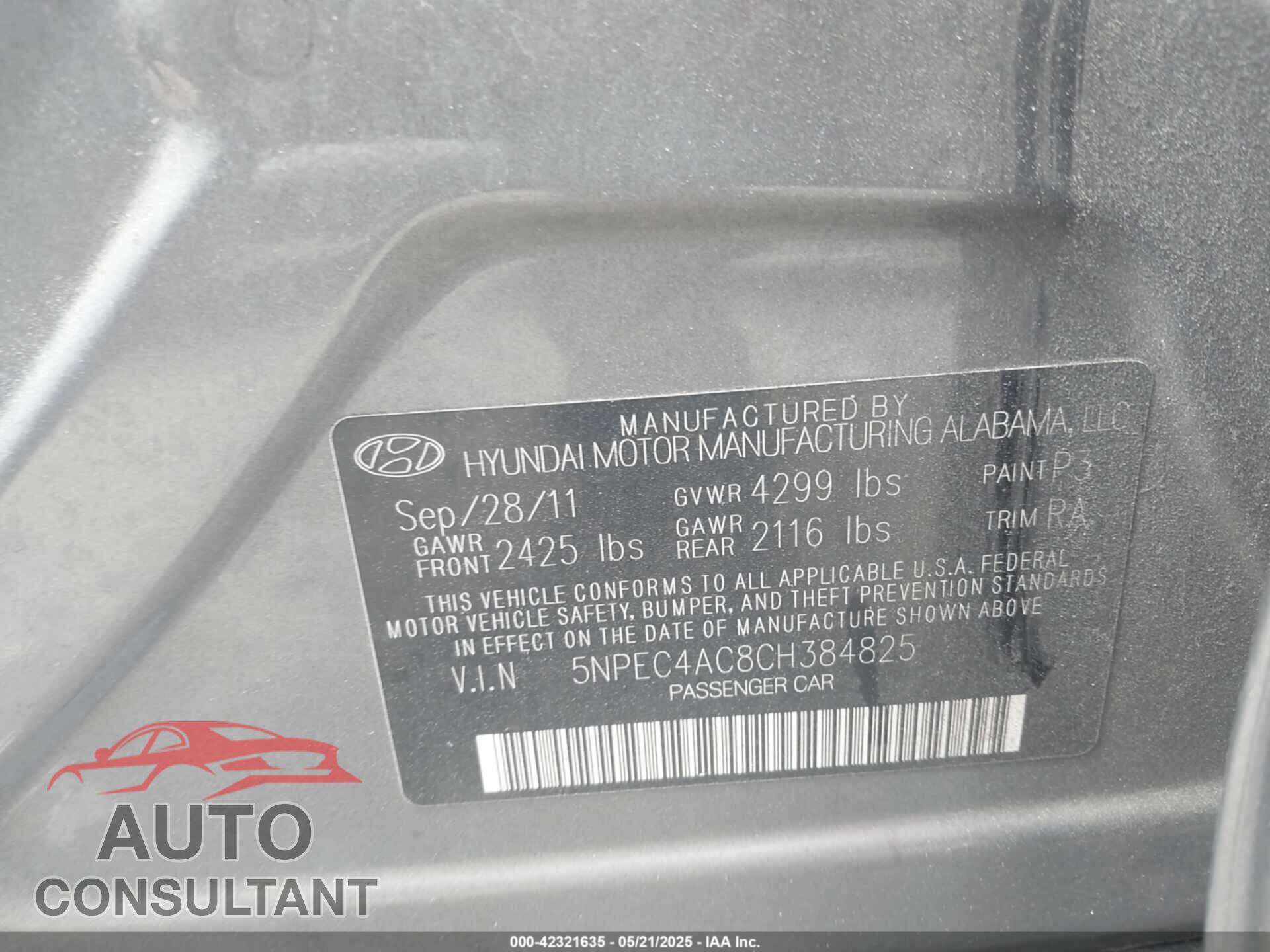 HYUNDAI SONATA 2012 - 5NPEC4AC8CH384825
