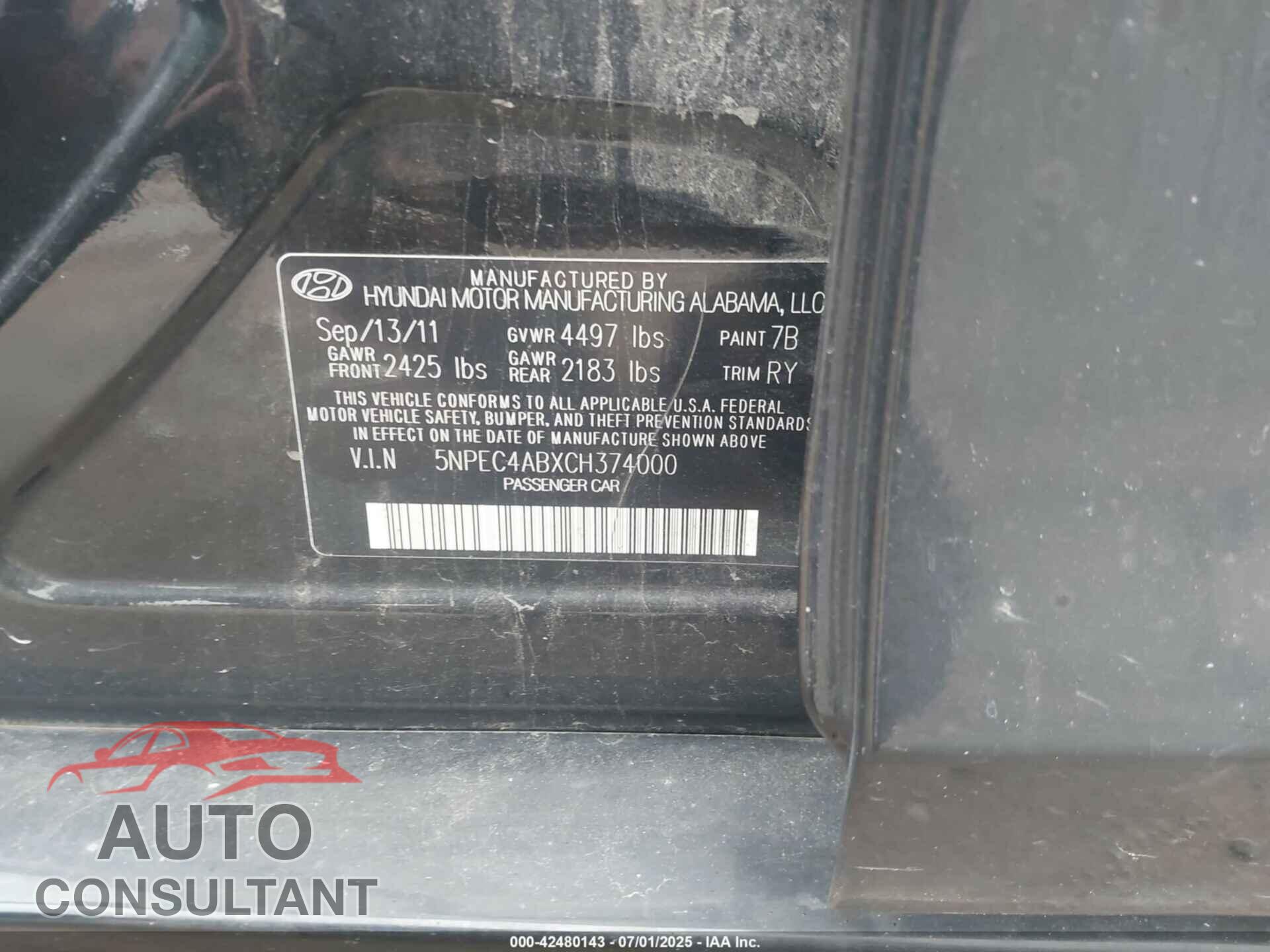 HYUNDAI SONATA 2012 - 5NPEC4ABXCH374000
