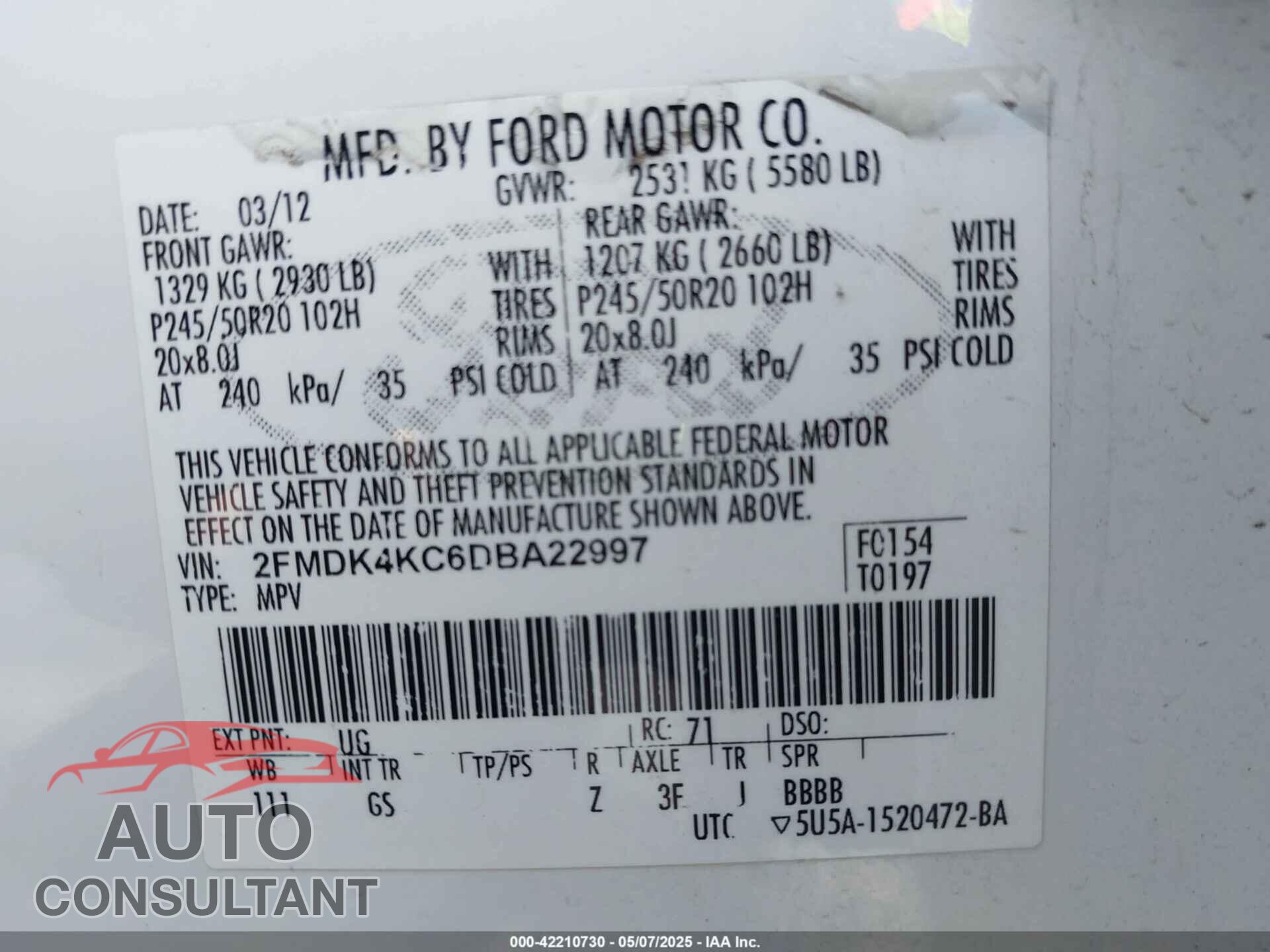 FORD EDGE 2013 - 2FMDK4KC6DBA22997