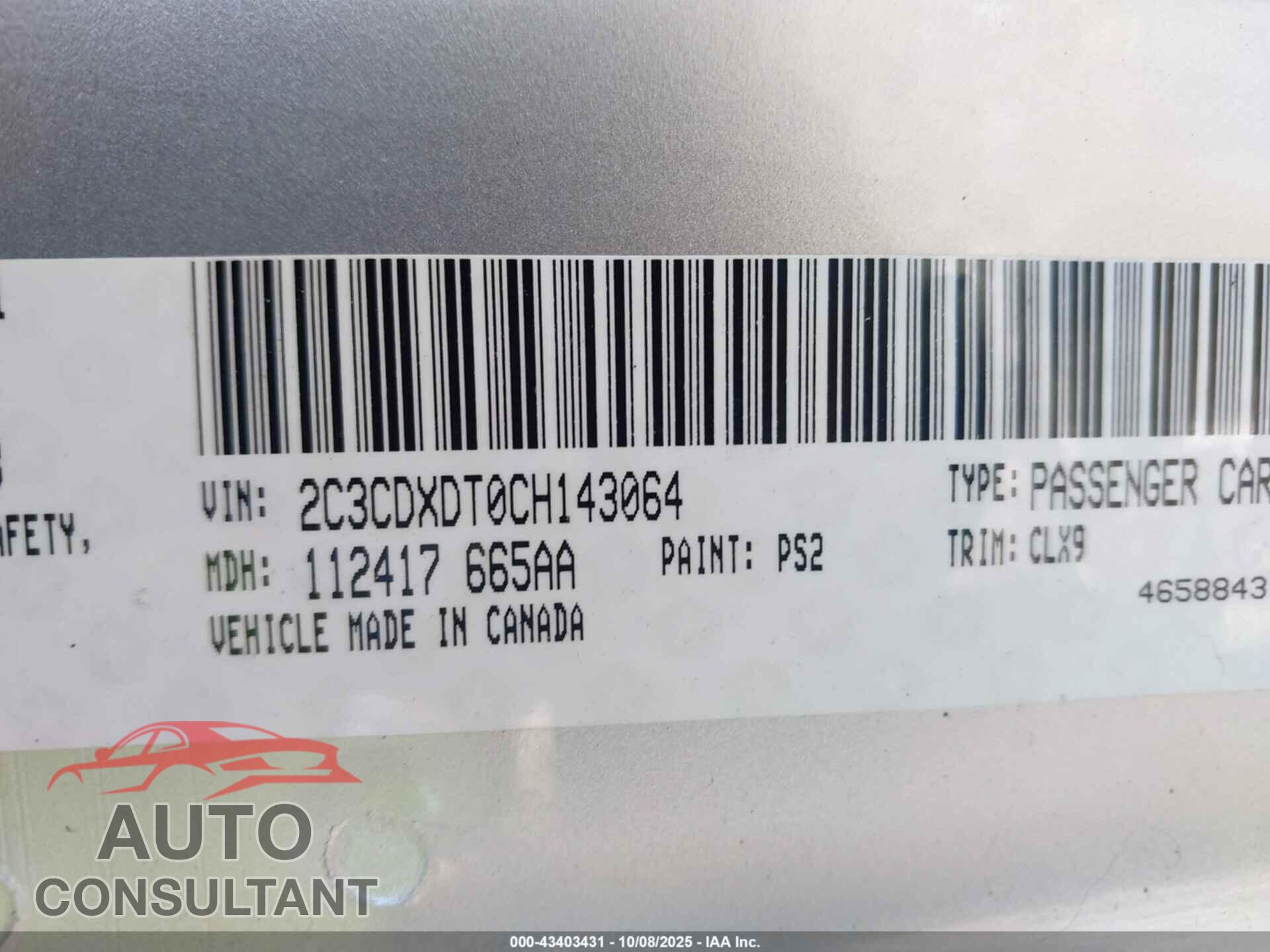 DODGE CHARGER 2012 - 2C3CDXDT0CH143064