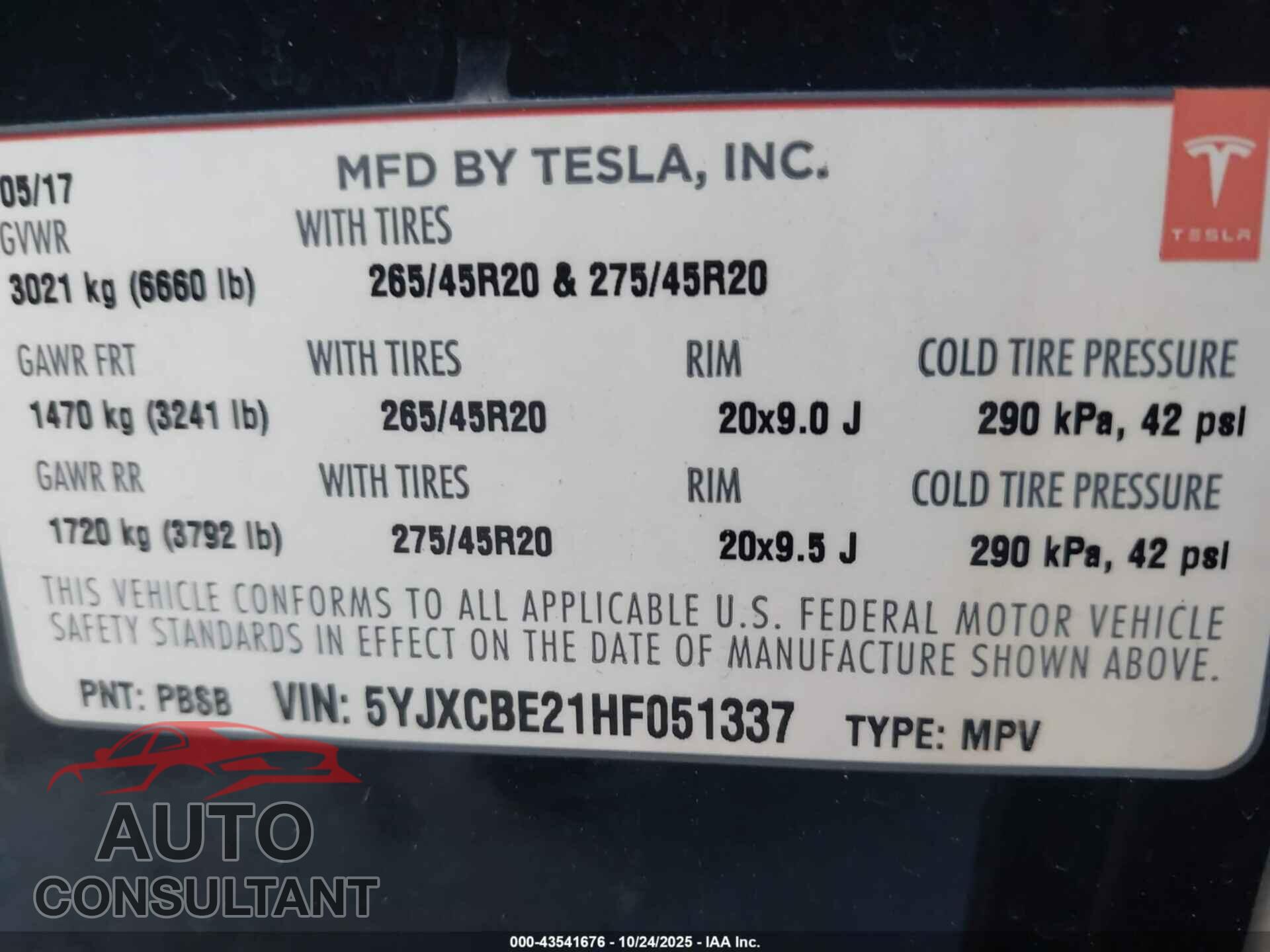 TESLA MODEL X 2017 - 5YJXCBE21HF051337