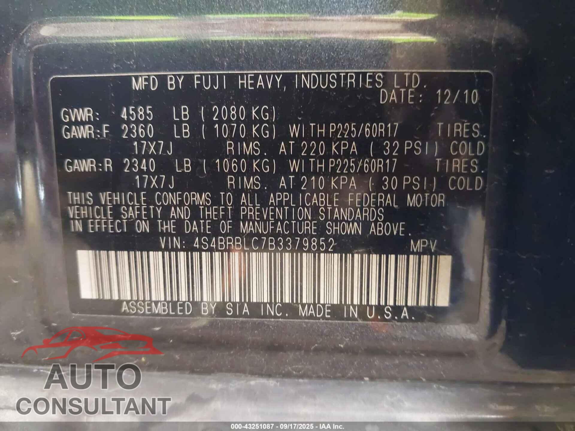 SUBARU OUTBACK 2011 - 4S4BRBLC7B3379852