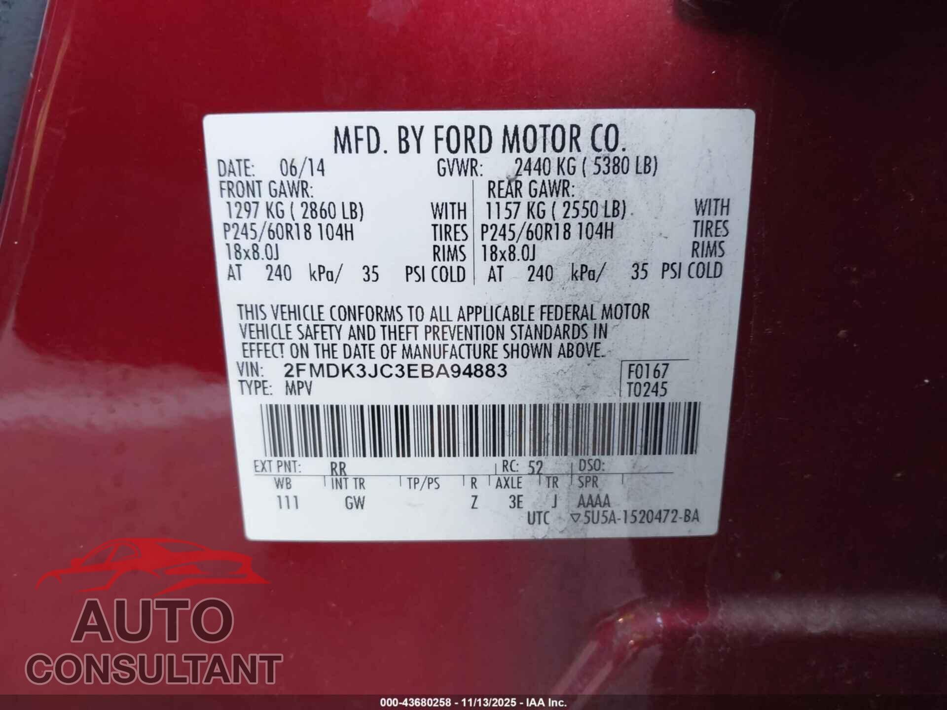 FORD EDGE 2014 - 2FMDK3JC3EBA94883