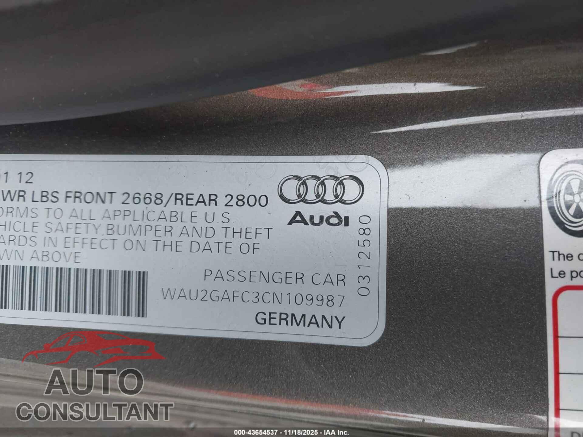 AUDI A7 2012 - WAU2GAFC3CN109987