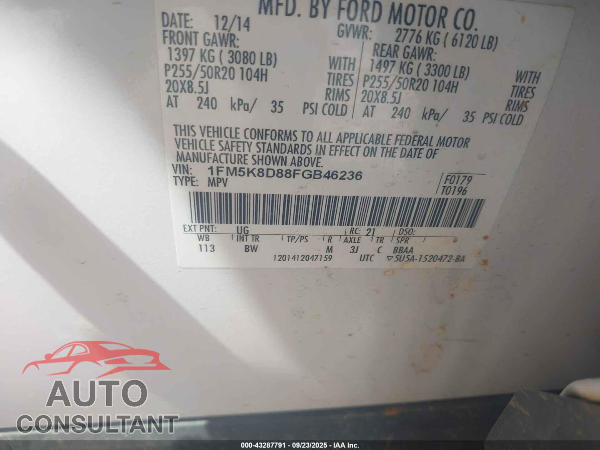 FORD EXPLORER 2015 - 1FM5K8D88FGB46236