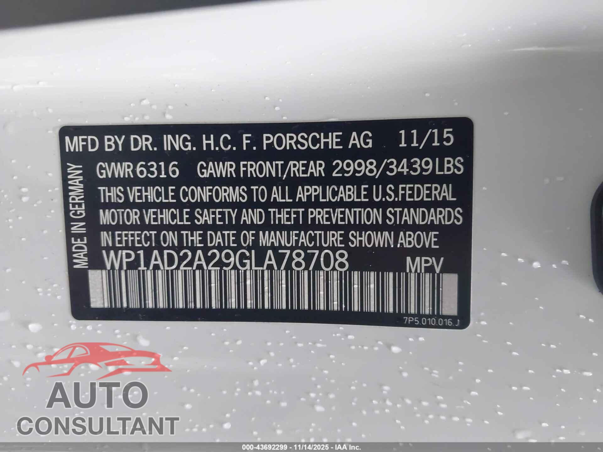 PORSCHE CAYENNE 2016 - WP1AD2A29GLA78708