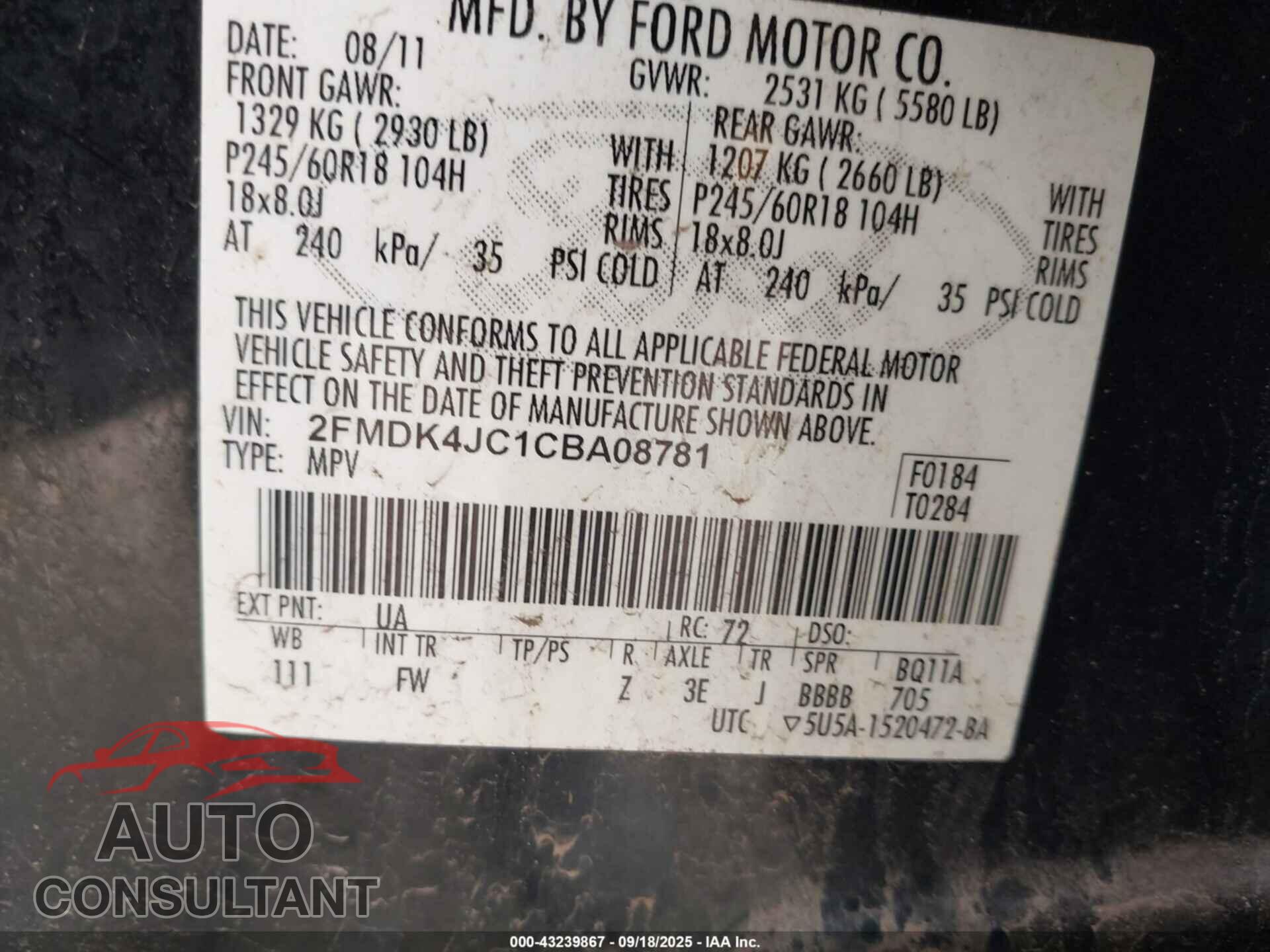FORD EDGE 2012 - 2FMDK4JC1CBA08781