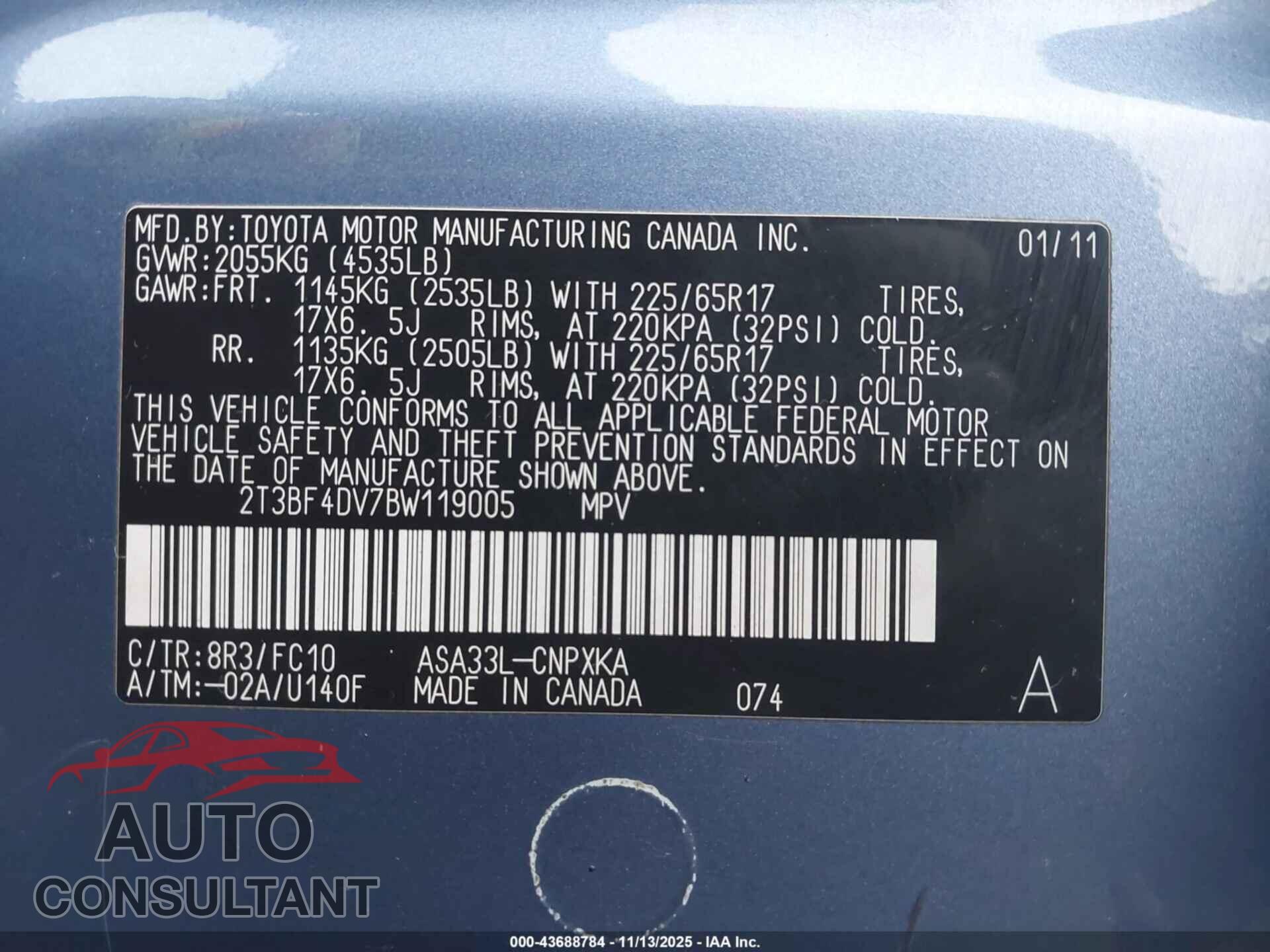 TOYOTA RAV4 2011 - 2T3BF4DV7BW119005