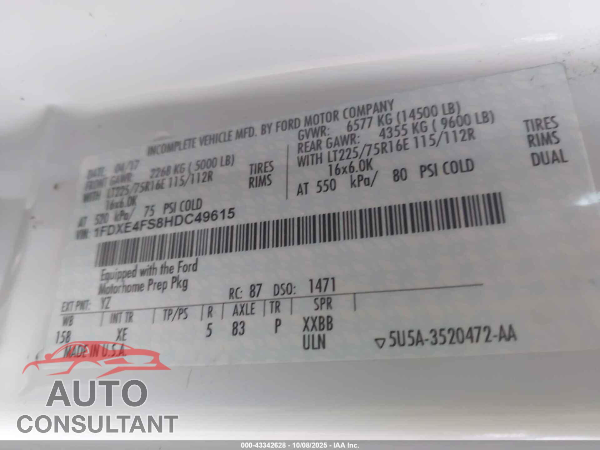 FORD E-450 CUTAWAY 2017 - 1FDXE4FS8HDC49615