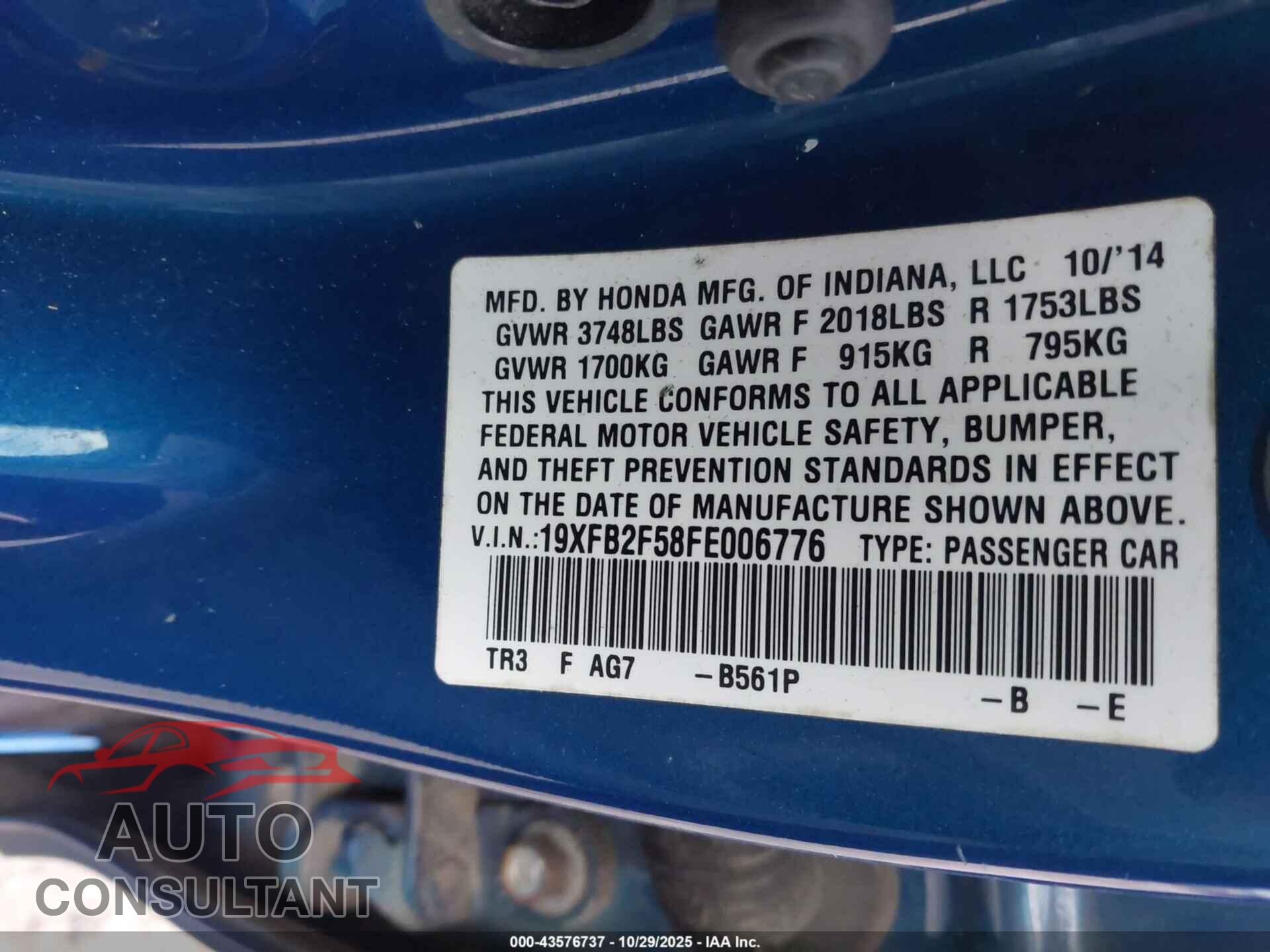 HONDA CIVIC 2015 - 19XFB2F58FE006776