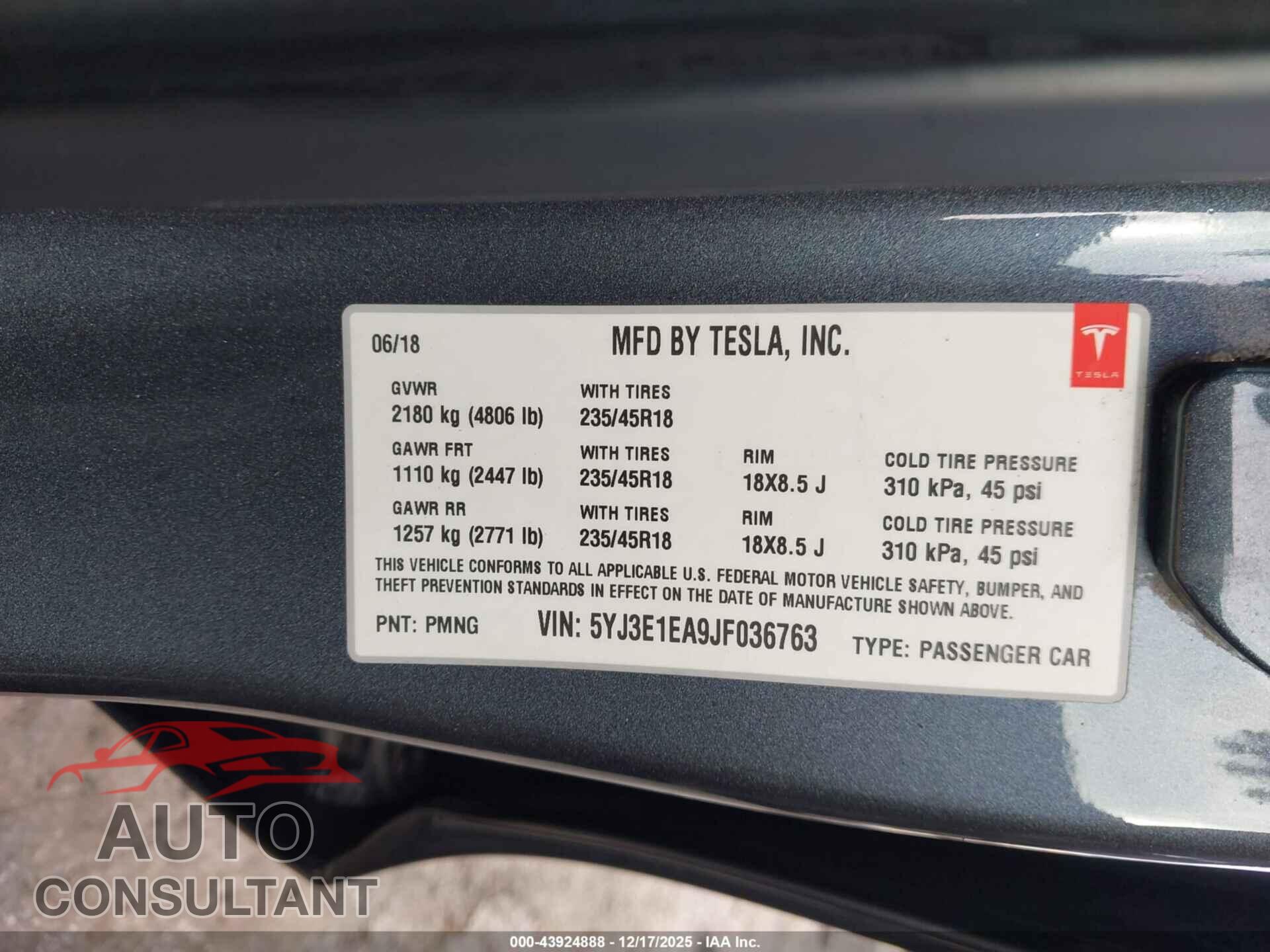 TESLA MODEL 3 2018 - 5YJ3E1EA9JF036763