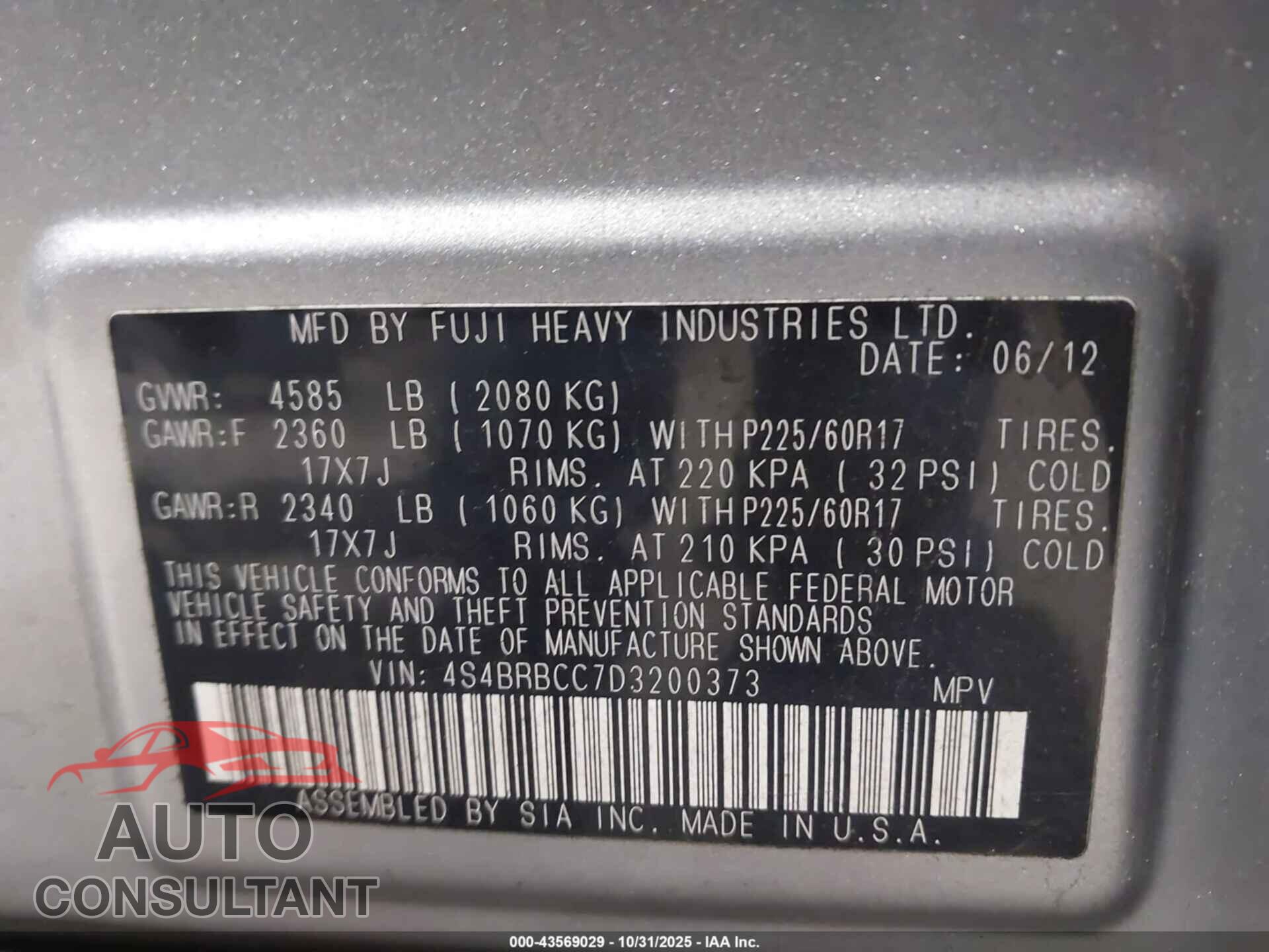 SUBARU OUTBACK 2013 - 4S4BRBCC7D3200373