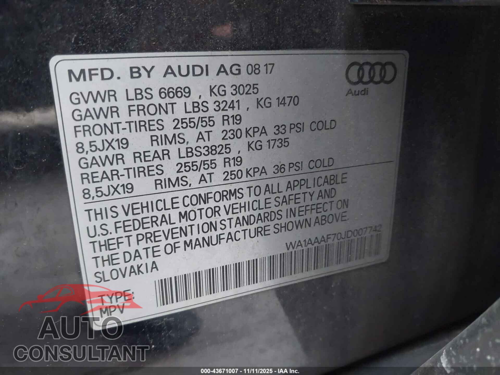AUDI Q7 2018 - WA1AAAF70JD007742