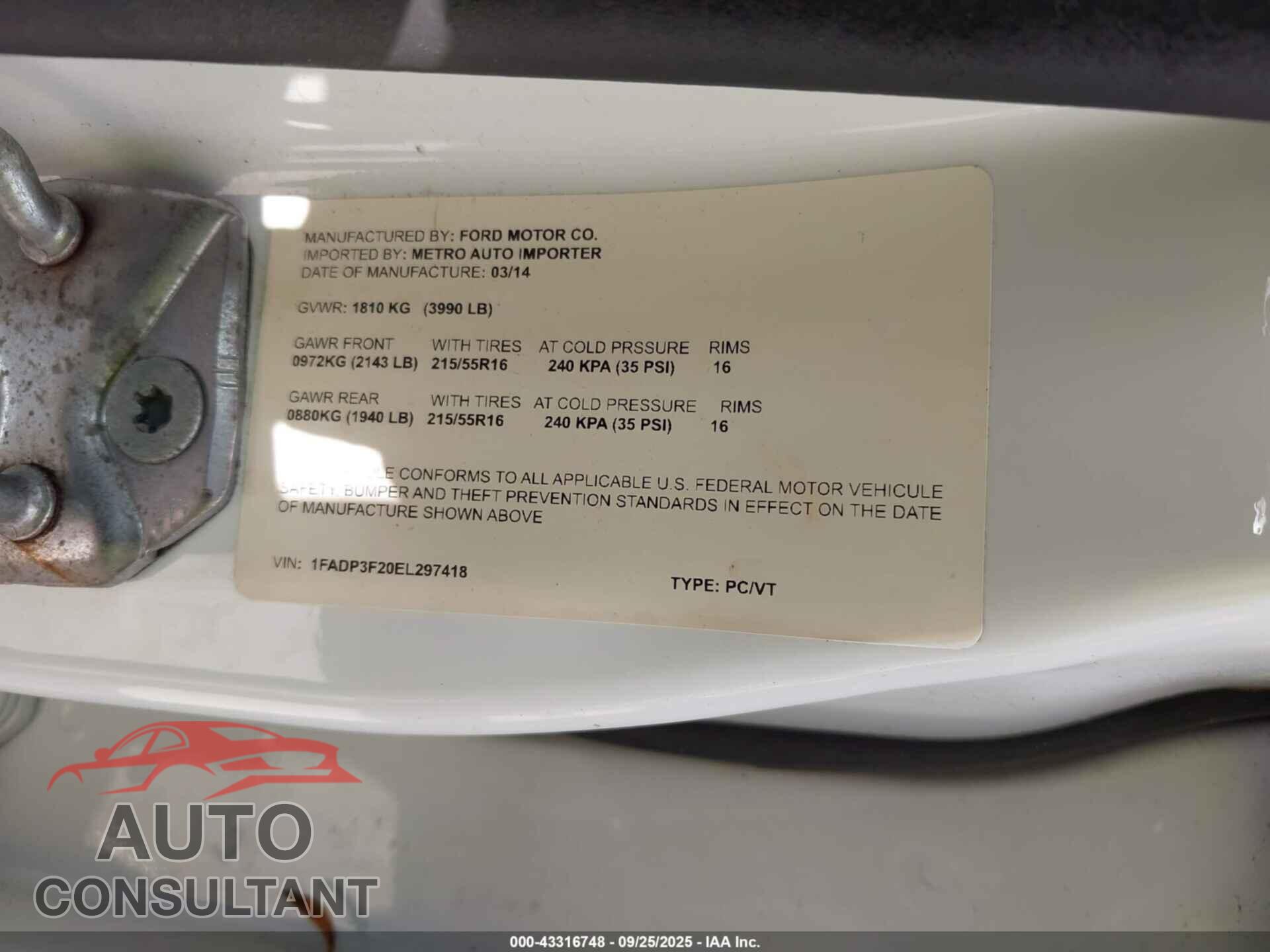 FORD FOCUS 2014 - 1FADP3F20EL297418