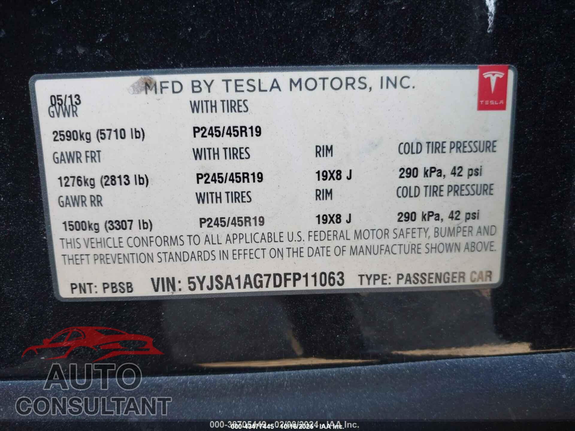 TESLA MODEL S 2013 - 5YJSA1AG7DFP11063