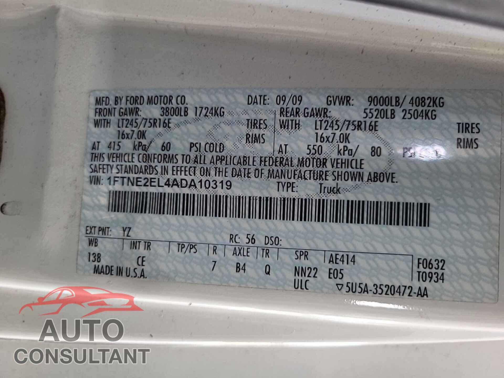 FORD ECONOLINE 2010 - 1FTNE2EL4ADA10319
