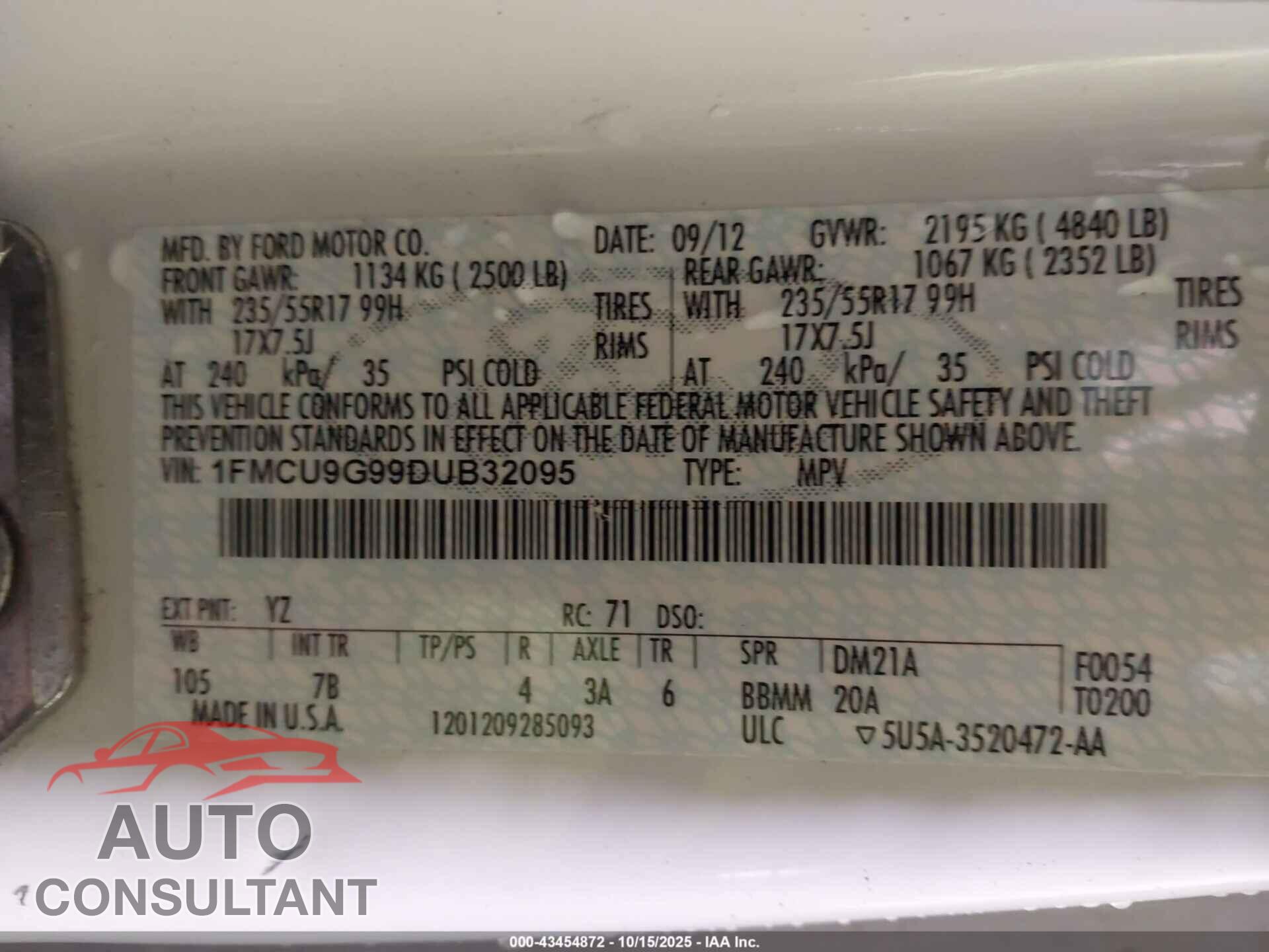 FORD ESCAPE 2013 - 1FMCU9G99DUB32095