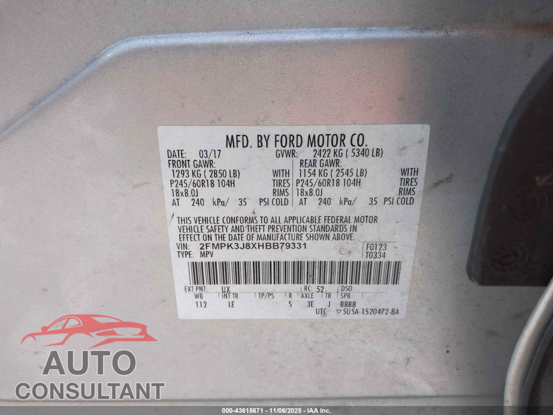 FORD EDGE 2017 - 2FMPK3J8XHBB79331